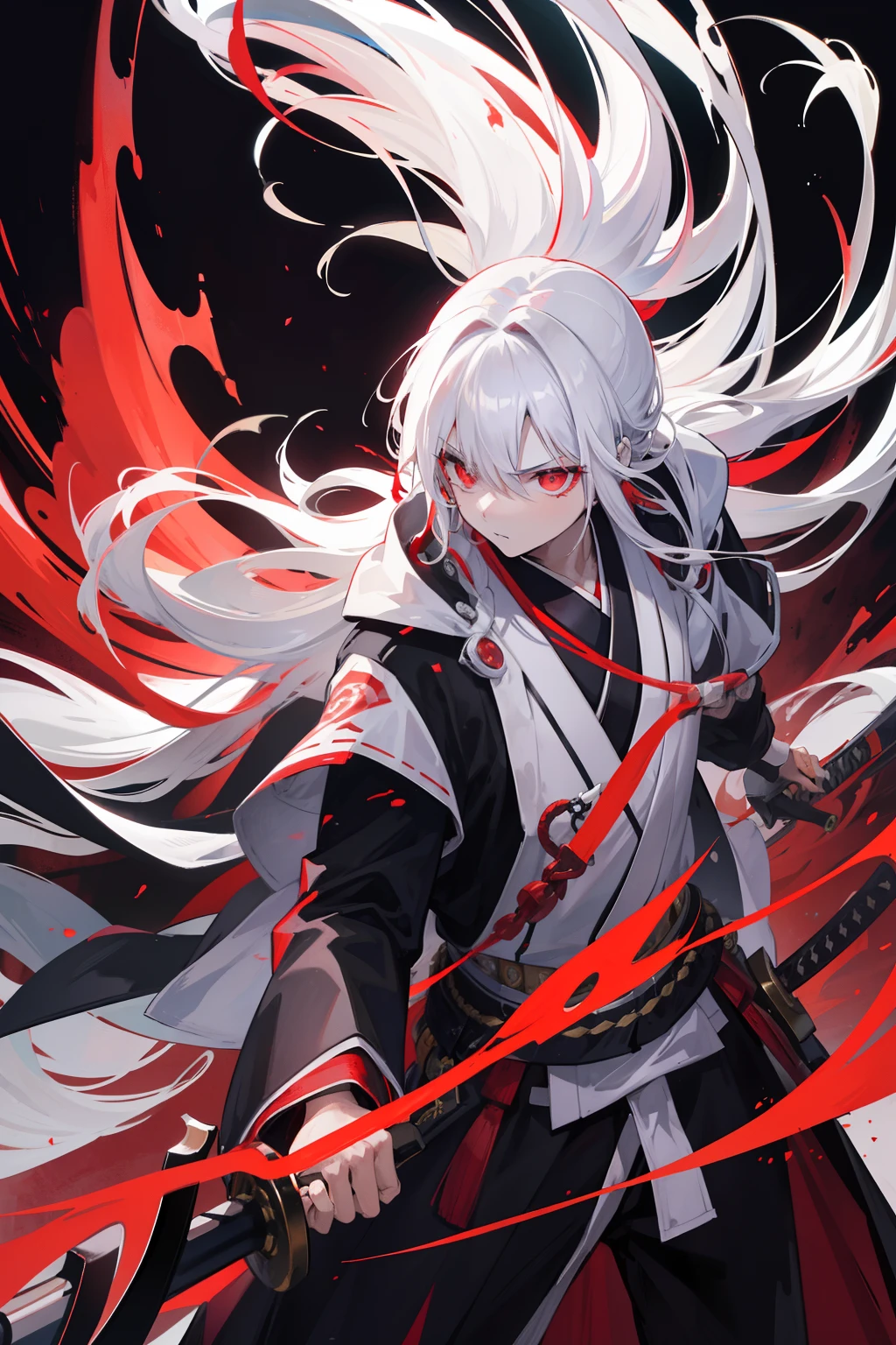 cabelos preto e longos，Red-eyed teenage man，Stand on an empty street at night，extreme hight detail，White jacket，Black Hakama，Aoba Ori，Holding a huge blood-colored weapon in one hand，A Japanese style，Intimidating，Engulfed in flames、Sword