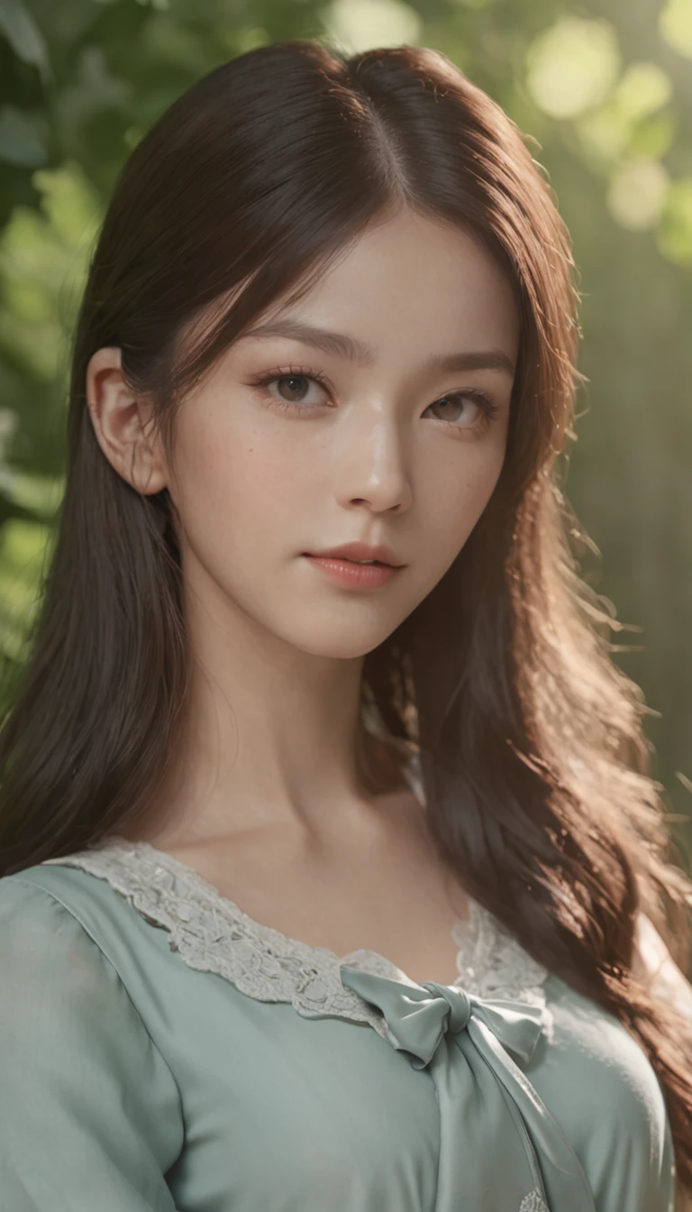 (Professional 3D Rendering:1.3) ng (realisitic:1.3) Photos of the most beautiful works in the world,A gentle and shiny schoolgirl appears., ((Innocent, cute little, long hair, Taiwanese Beauty, Fair skin, Staring into the air in amazement, Fantastic location, Serene green forest environment, Peaceful natural scenery)), 8K Unity Render, Skin pores, Slightly dark, Dense shading, detailed, Detailed face, (lively, photograph realistic, realisitic, Dramatic,, Sharp focus, 8K), (Blue short-sleeved shirt, bows, school uniformss :1.4), (intrikate:1.4), Dreamy, (highly detaild:1.4), digital painting, rendering by octane, Art Station, concept-art, silky, Sharp focus, Illustration, Art germs, (Loisch:0.23), Wlop Ilya Kuvshinov, Greg Rutkowski(Greg Rutkowski)and Alphonse Muha Gracias(Alphonse Mucha Gracias), (global illumination, Studio Light, Bolshetic Light), full bodyesbian, ((Misty green forest background with sunshine:1.3)),CG Society,Art Station