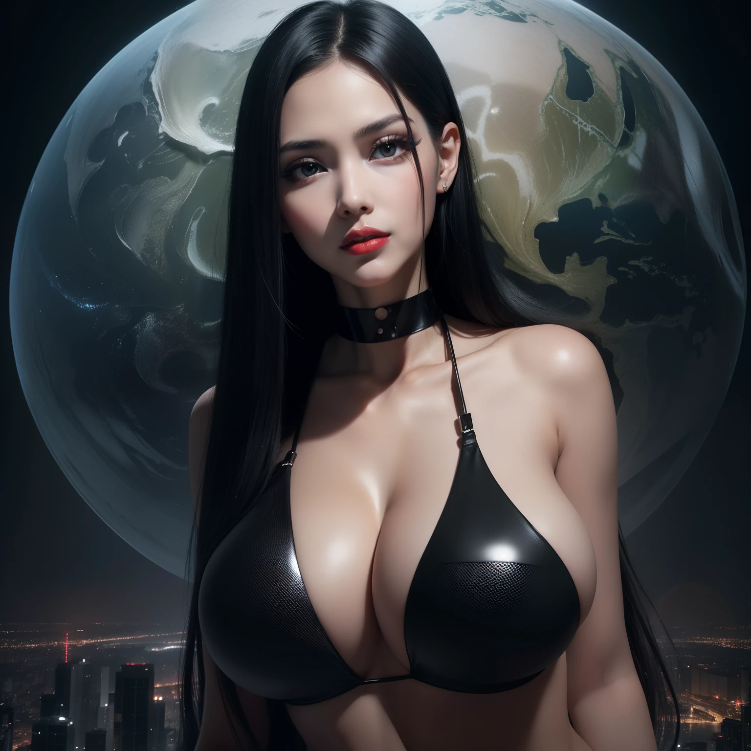 High image, Super Detail, High resolution, Intelligent beauty, , make up, Ecstatic expression, Amorous expression, Seductive look, Black shiny straight hair, Glowing black big eyes, Seductive moist red lips, Huge breasts, under the boobs, sideboob barbosa, great proportion, perfectly proportions, slender, Full body