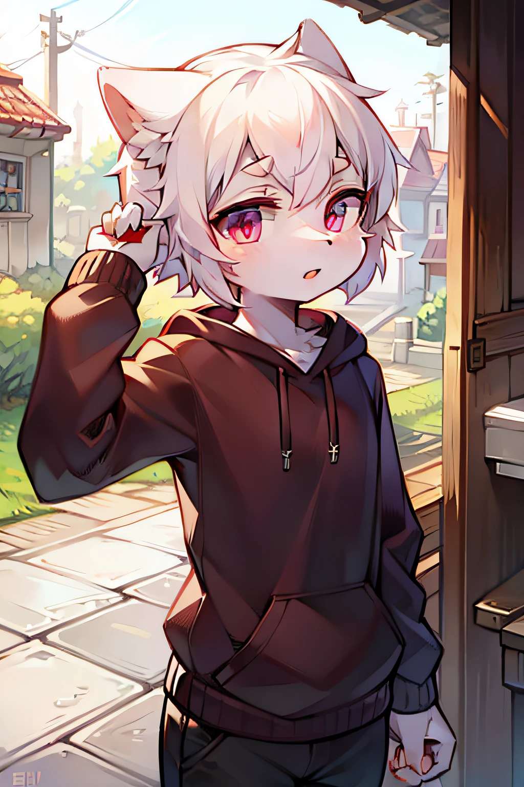White hair, burgundy eyes, junior sweatshirt