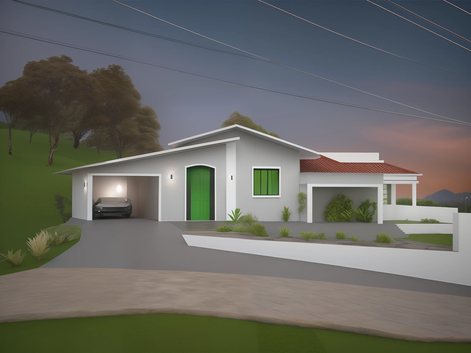 There is a small white house with a red roof and a green door, em um terreno arborizado com campo grama, Lumion Pro Rendering, Directed by: CeFerí Olivé,Vista exterior, gramado muito verde em frente, Caisa completa, vista externa, imagem de listagem, imagem frontal, headpe, Casa moderna, Estilo colonial, Directed by: Willian Murai,Location of the forest, vista frontal, imagem central, vista frontal, casa no fundo, Front view