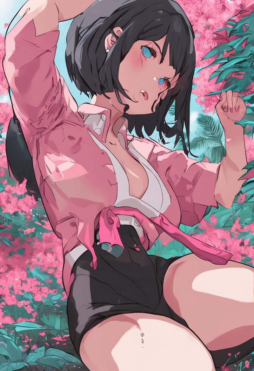 NSFW,1girl,Large breasts,Pink nipples,eBlue eyes,blue short hair,squatting on the ground,small erection