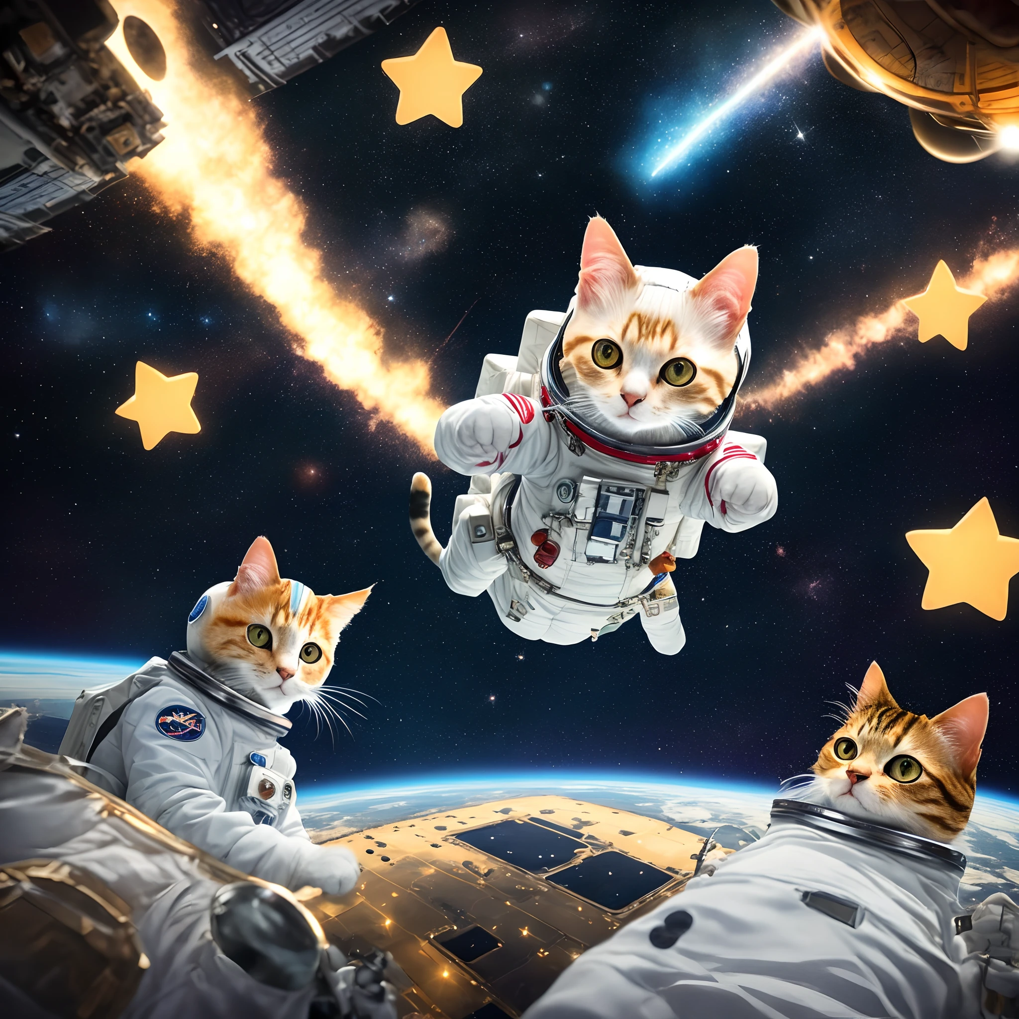 "Adorable cat astronaut floating in space surrounded by twinkling stars, capturing the awe of feline exploration."