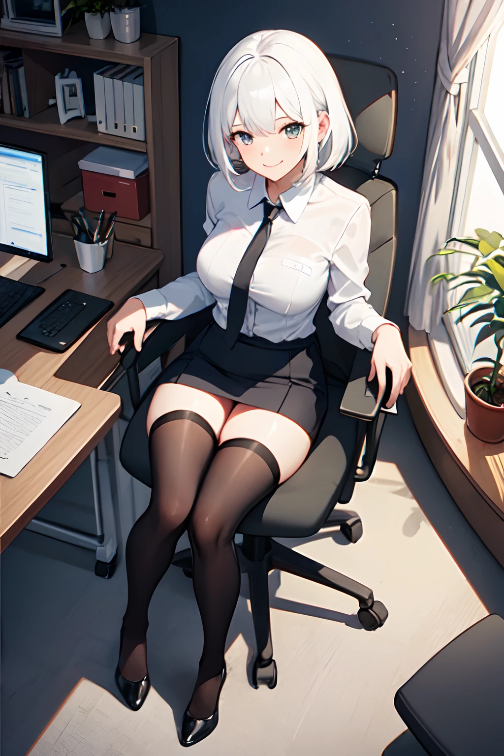 1girl, white hair, seductive smile, medium breasts, black thigh highs, neck tie, secretary outfit, office clothes, office room, chair, sitting on chair, full body, from above