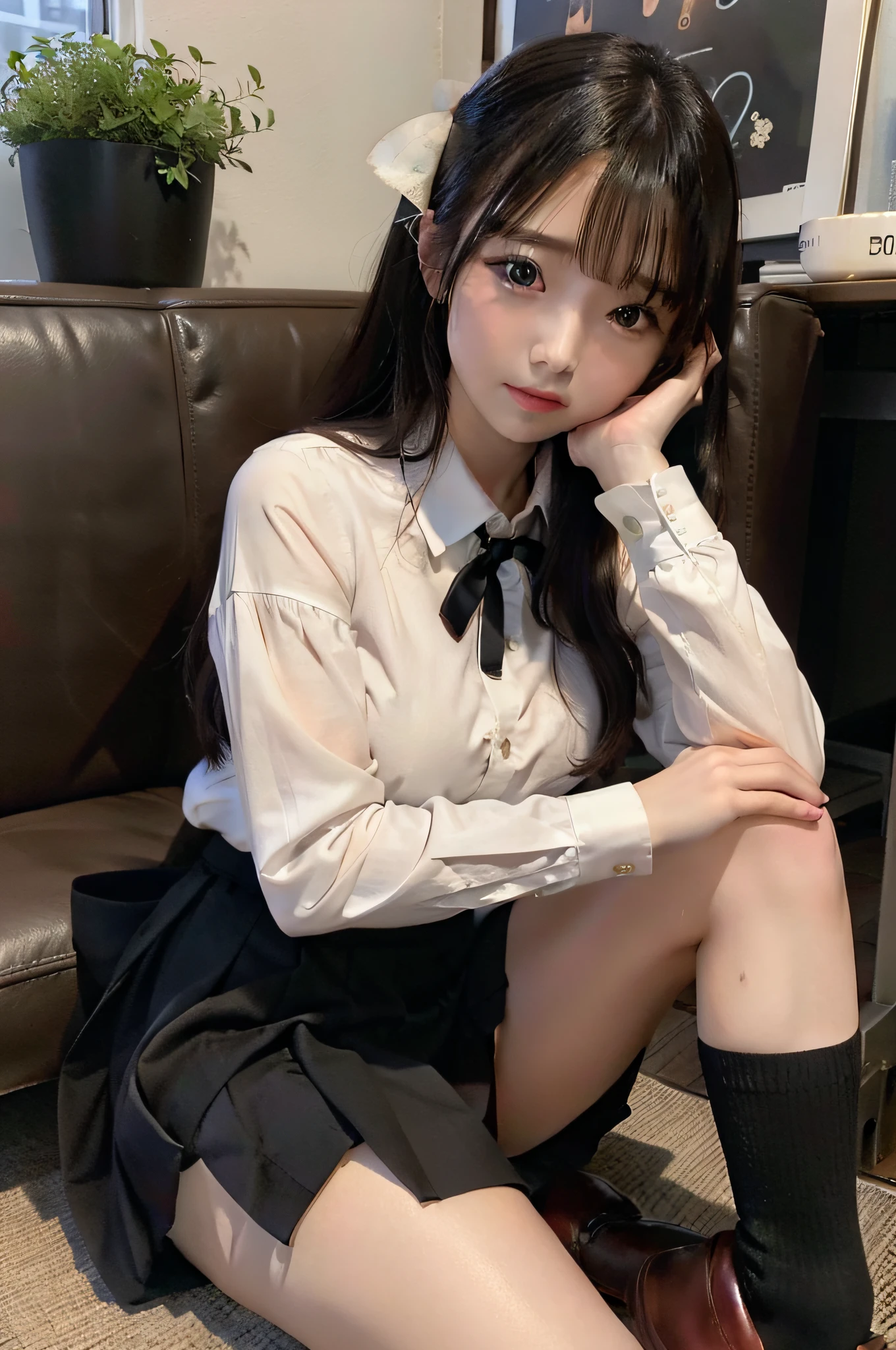 photo of 20 y.o lady, cute, panties, ((kpop idol)), lace panties, sitting, panties, legs open, skirt, school uniform, white panties, socks, black hair, shirt, blurry, blurred background, knees, white shirt, loafers, realistic, long hair, lips, brown eyes, black socks, bow tie, pleated skirt, bow, headrest, looking to the side, outdoors, brown shoes, masterpiece, best quality, ultra-detailed,