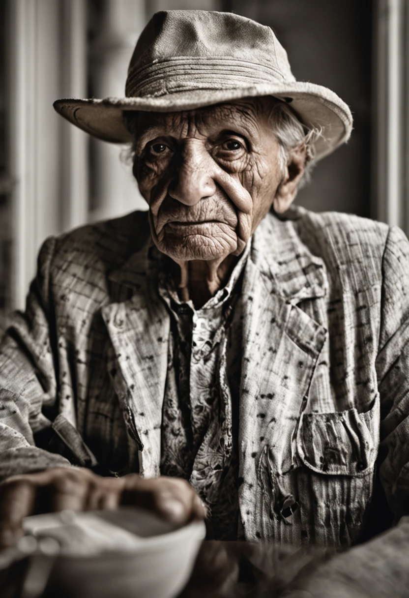 A foto foca no rosto do idoso, capturing the essence of your emotions in a contrasting environment. He is inside a luxury hotel, where opulence and refinement are predominant, But his simple appearance and tired expression stand out.

The elderly is portrayed in the foreground, com a maior parte do fundo desfocado, focusing all attention on your face. His expression is one of weariness, com olhos ligeiramente semicerrados, as if he were fighting the weight of accumulated fatigue. The wrinkles that trace your face tell life stories, each line carrying a memory.

Ele veste roupas simples, a worn cotton shirt that is a visible contrast to the sophistication of the environment around you. The garment is crumpled, sugerindo que ele viajou ou passou por alguma jornada antes de chegar ao hotel.

The soft lighting enhances the texture of your skin and emphasizes the wrinkles and furrows that testify to the years that have passed. Seu olhar parece distante, as if contemplating the stories of his life that brought him to this moment.

The blurry background is a mix of neutral tones and luxurious touches, such as details of tapestries and elegant furniture. No entanto, These elements do not steal the attention of the elderly person's face; They serve only as a soft backdrop that underscores the story he carries with him.

The image captures a moment of contrast and reflection, where the elderly find themselves in an environment that is a palpable representation of the passage of time and the different layers of life. The expression of weariness conveys the journey lived, while its presence in the luxury hotel evokes the diversity of human experiences.