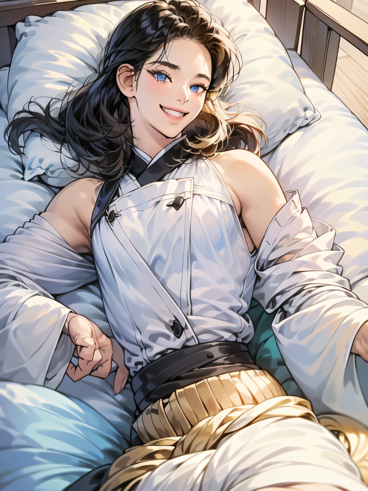 Katara, open legs, lying over bed.