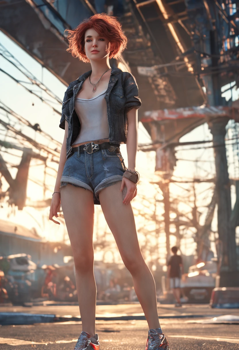 ((medium chest, tomboy girls, small head)), (chiselled abdomen: 1.1), (perfect body: 1.1), (short wavy hair: 1.2), red hair, collar, chain, full body photo, busy street, wearing black tank top, denim jacket, ((shorts)), (extremely detailed CG 8k wallpaper), (an extremely delicate and beautiful masterpiece), (best quality: 1.0), (high resolution: 1.0), beautiful lighting, perfect rays,  Realistic shadows, [Highres], Detailed skin, ultra-detailed(((colored)))
