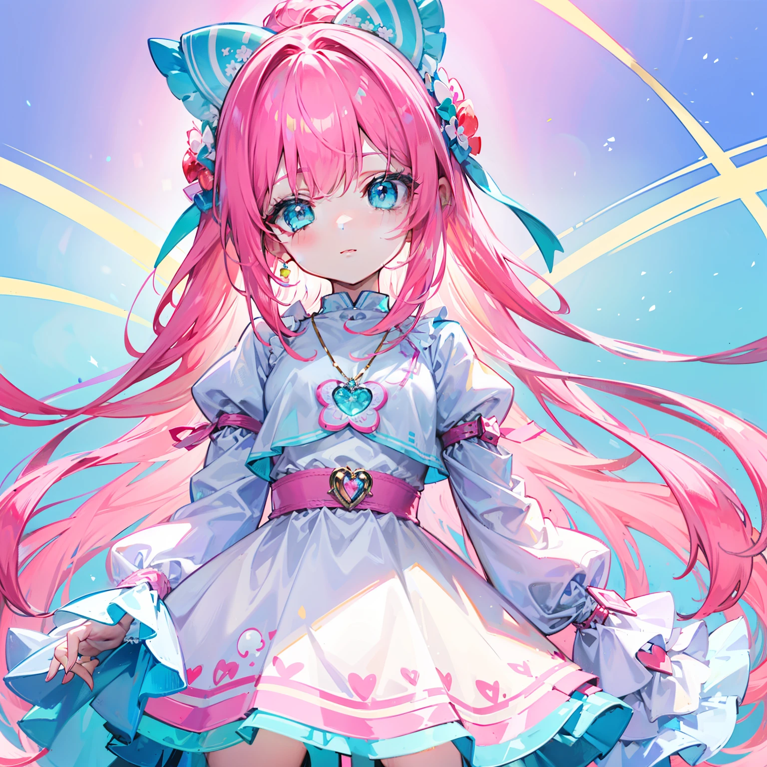 Colorful light background,long whitr hair,Has a bright pinkish-purple transparent gum texture,In pink、Wear yours with blue and white,yellow and greens,Cyan matching accessories pendant decoration,This is a very sweet and sweet li girl