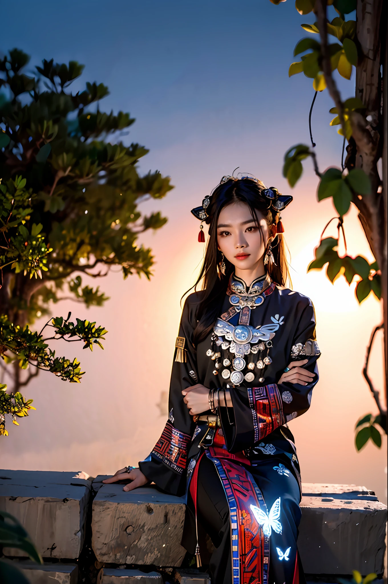 Masterpiece, Best quality, 8K, Side lighting, Cowboy shot, Miao has, shairband, (1girll:1.3), (view the viewer:1.3), Long hair, 鎖骨, (jewelry:1.3), Bracelet, Long sleeves, tattoo, Particle, Butterfly, Outdoors, Chinese Ancient Architecture, tree,