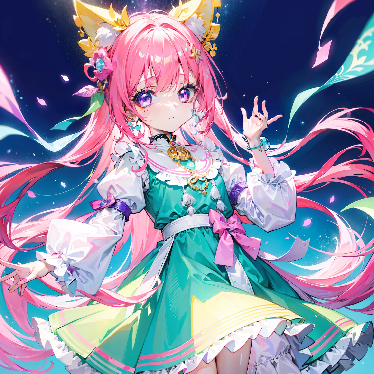 Colorful light background,long whitr hair,Has a bright pinkish-purple transparent gum texture,In pink、Wear yours with blue and white,yellow and greens,Cyan matching accessories pendant decoration,This is a very sweet and sweet li girl