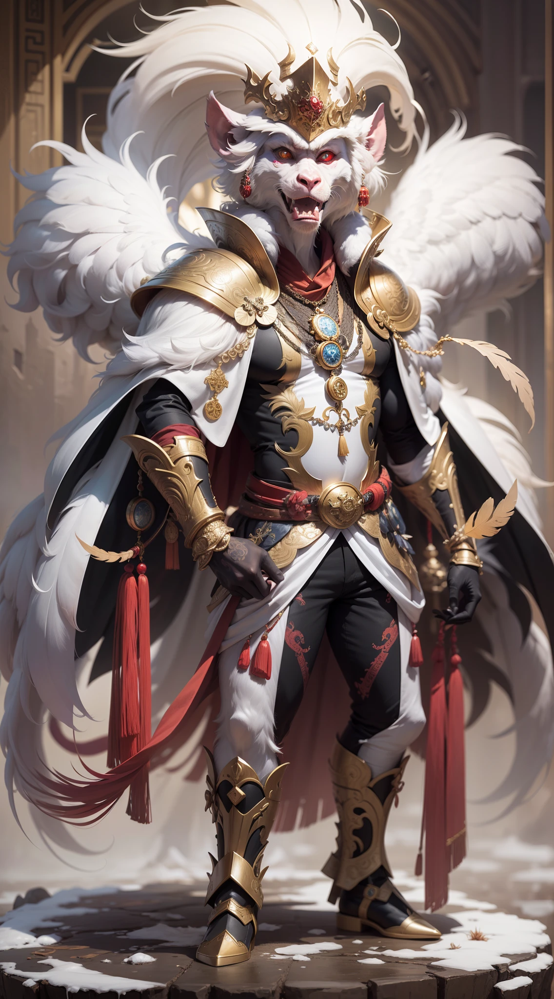 insanely detailed and intricate, hypermaximalist, elegant, opulent, Ultra photo realsisim, Super detailed anthropomorphic white monkey, Wearing a black cape, Chinese elements,Gold armor, and a medallion necklace, Glowing red eyes, Open-mouthed,tosen,Opera helmet,Helmet with pheasant feathers,and mysterious atmosphere. Floating in the dark,Thick paint illustration style,