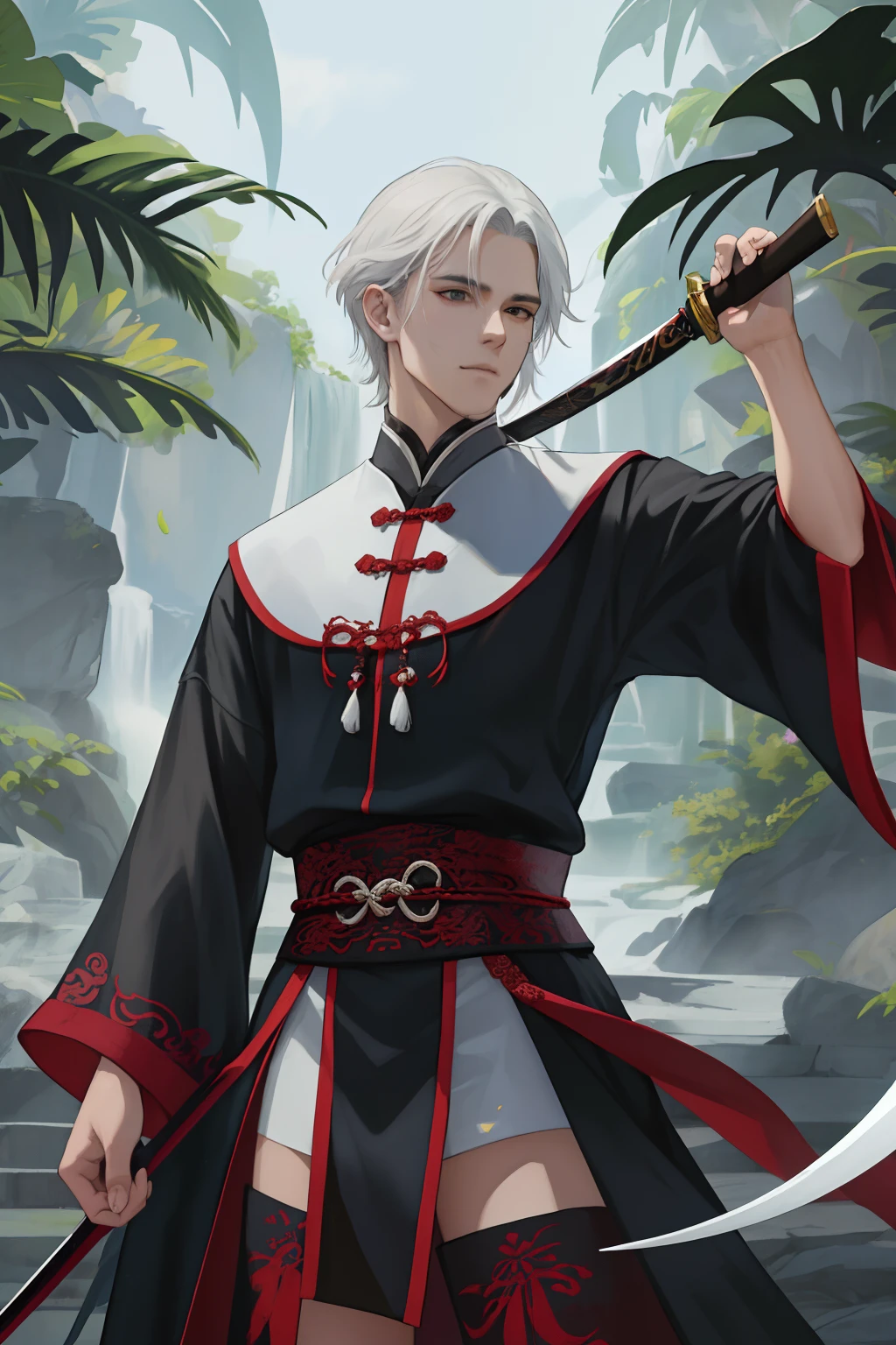 NSFW, obra-prima, melhor qualidade, ultra-detalhado, semi-realista, detailedfacialfeatures, 2mulher,usando roupa sensual antiga wuxia,cabelos compridos negros,olhos escuros,roupa feminino de batalha,estilo princesa do gelo,sexy,seios grandes,olhar malicioso e sedutor,mulher muito bonita, Demon race,he is standing holding in his left hand a whip and in his right hand a thin, sharp ancestral sword.