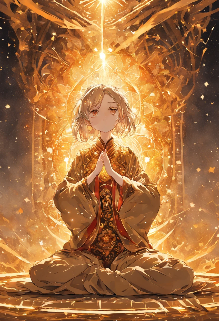 primer plano, ((Beautiful woman in gold pajamas with black and red pattern and meditating ornament)), In the background a magical portal shrouded in a fantastic mist, Impresionante objeto de arte digital, Divine atmosphere, brillo de diamante, Arte digital, brillante, Beautiful, salpicadura, chispeante, Lindo y encantador, Stardust, Gold dust particles, filigrana, edge lighting, luminoso, magica, surrealista, Science-Fiction, Salpicaduras de pintura multicolor, contorno, detalle, fantasy, Motor irreal, Dedos de los pies perfectamente dibujados, Dedos perfectos, Dedos perfectos, pies perfectos, Cara perfecta, ojos perfectos, Detalles intrincados, fondo, colores complementarios, fantasy concept art, High detail, foco nítido, colores apagados, Labios perfectos, brillante, Kinematic, Obra maestra, atmospheric, High resolution, vivid, Dynamic studio lighting, Cámara pan-and-shift, Efecto de vidrio roto --AR 3:2 -Exclusivo - --auto --s2