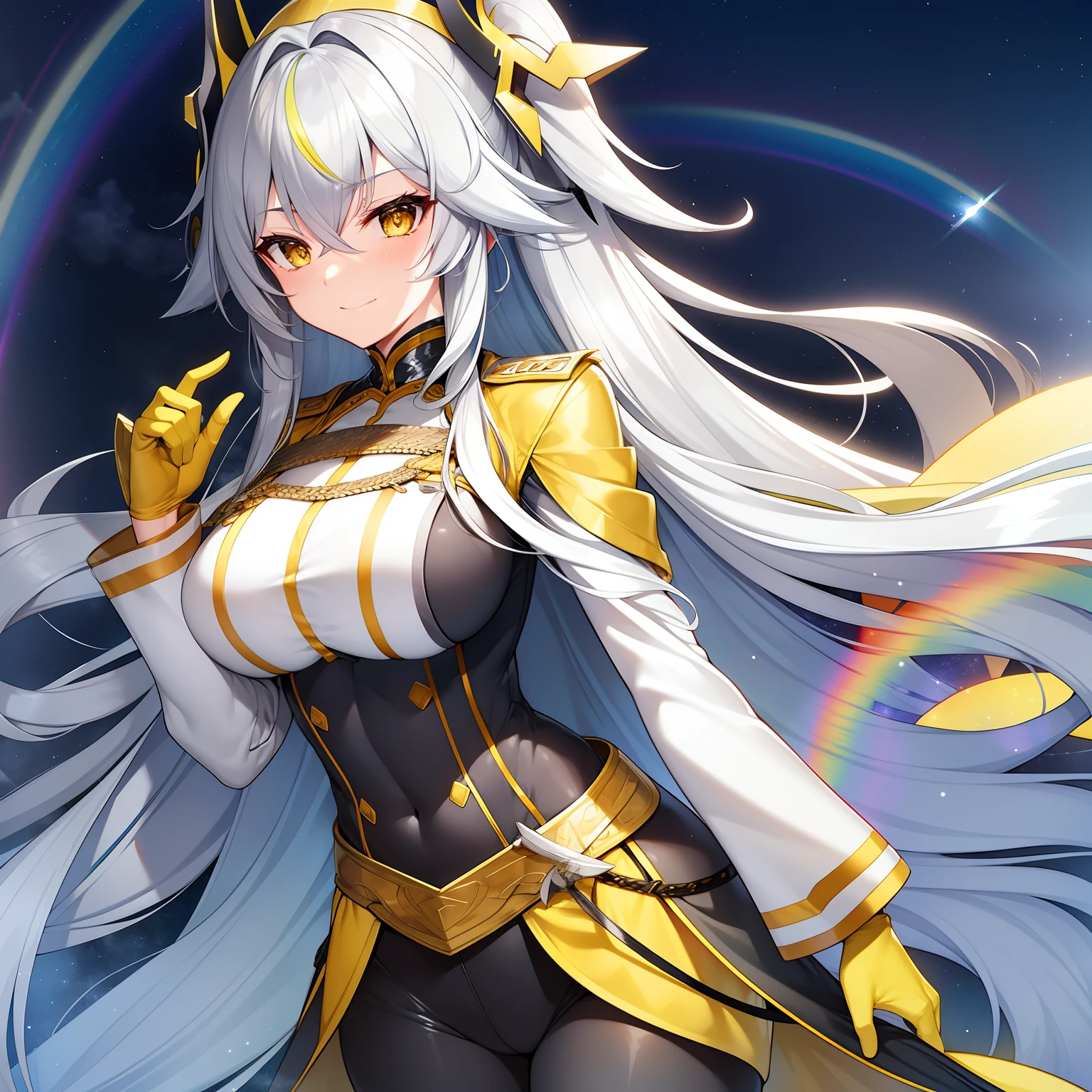 Long gray hair、Wearing yellow goggles on his head、Large breasts、Exposure of combat uniforms、Sexy atmosphere、Iridescent night sky、sparkling stars、Luxurious golden color、Groping hair with the fingers of the right hand、Shy laughter、A sexy