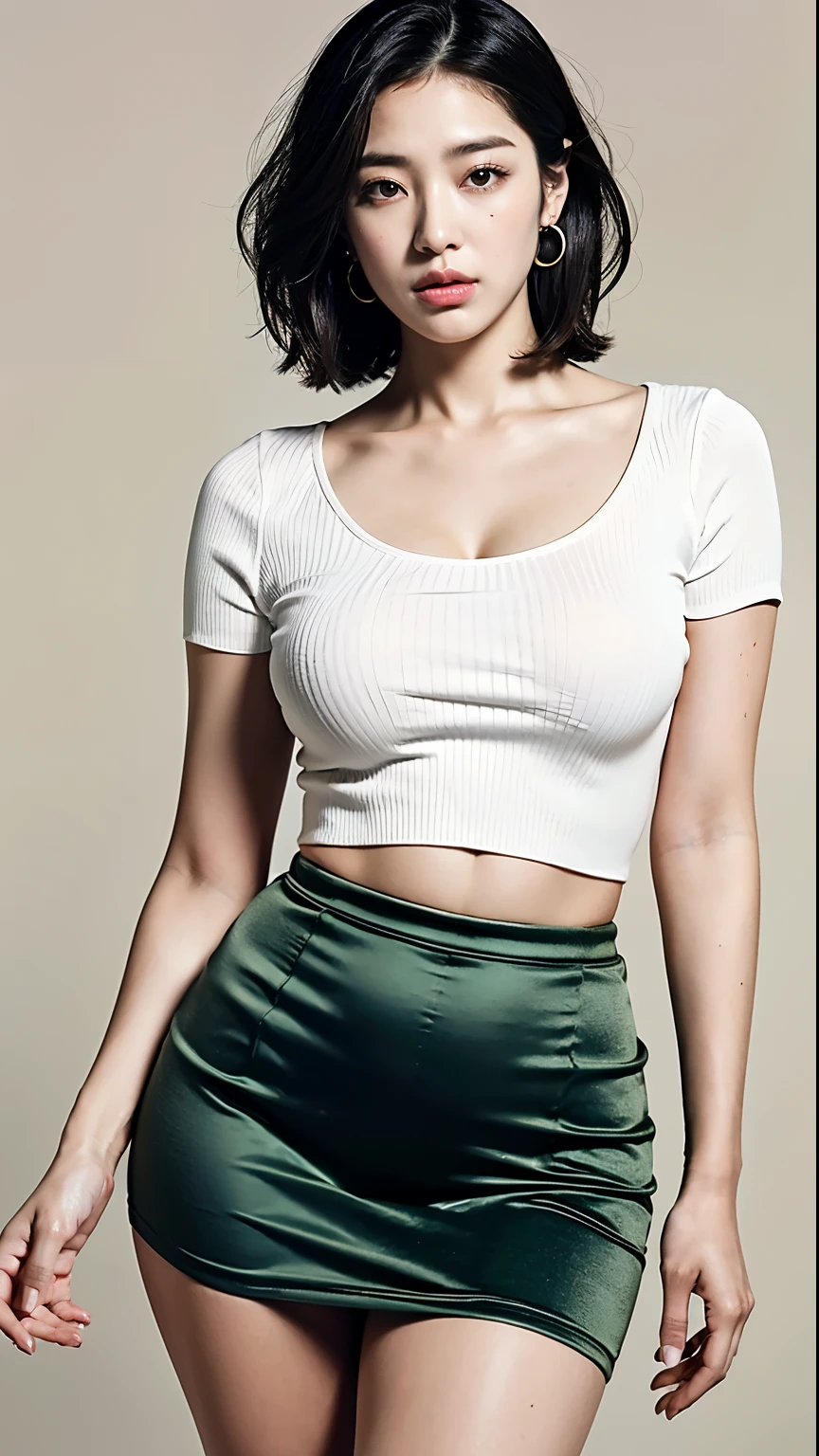 (Best Quality, 8k, 32k, Masterpiece, UHD:1.2), pretty Korean woman picture, very big breasts, very short bobbed hair, very realistic skin texture, fine facial noise, very detailed lips, cowboy shot, face focus, yellow-green skirt, earrings, dark studio background, uniform lighting, looking at the viewer, soft and smooth body, slender body, wide hips, thick thighs, contraposto, esza pose