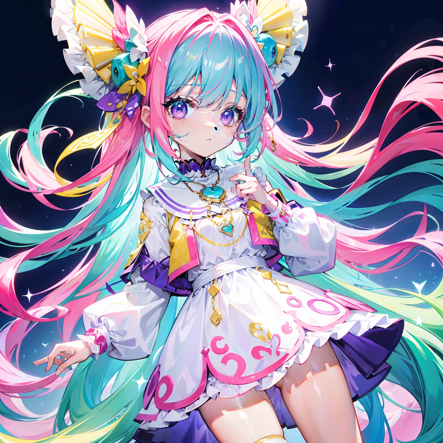 Colorful light background,long whitr hair,Has a bright pinkish-purple transparent gum texture,In pink、Wear yours with blue and white,yellow and greens,Cyan matching accessories pendant decoration,This is a very sweet and sweet loli girl