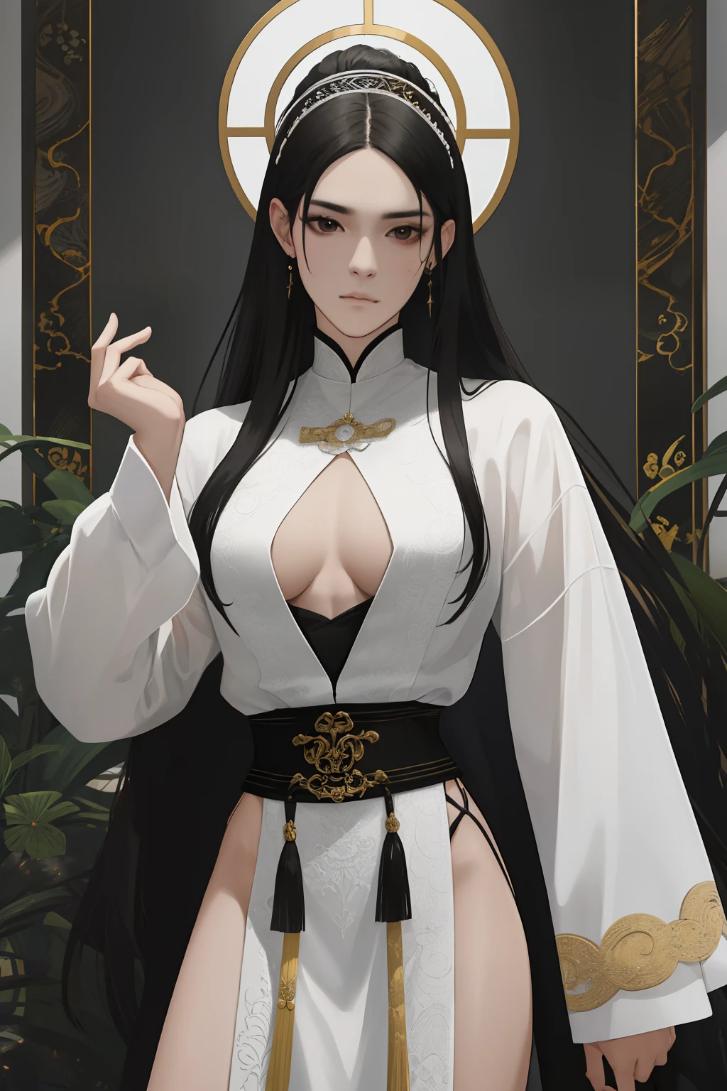 NSFW, obra-prima, melhor qualidade, ultra-detalhado, semi-realista, detailedfacialfeatures, 2mulher,usando roupa sensual antiga wuxia,cabelos compridos negros,olhos escuros,roupa feminino de batalha,estilo princesa do gelo,sexy,seios grandes,olhar malicioso e sedutor,mulher muito bonita, Demon race,he is standing holding in his left hand a whip and in his right hand a thin, sharp ancestral sword.