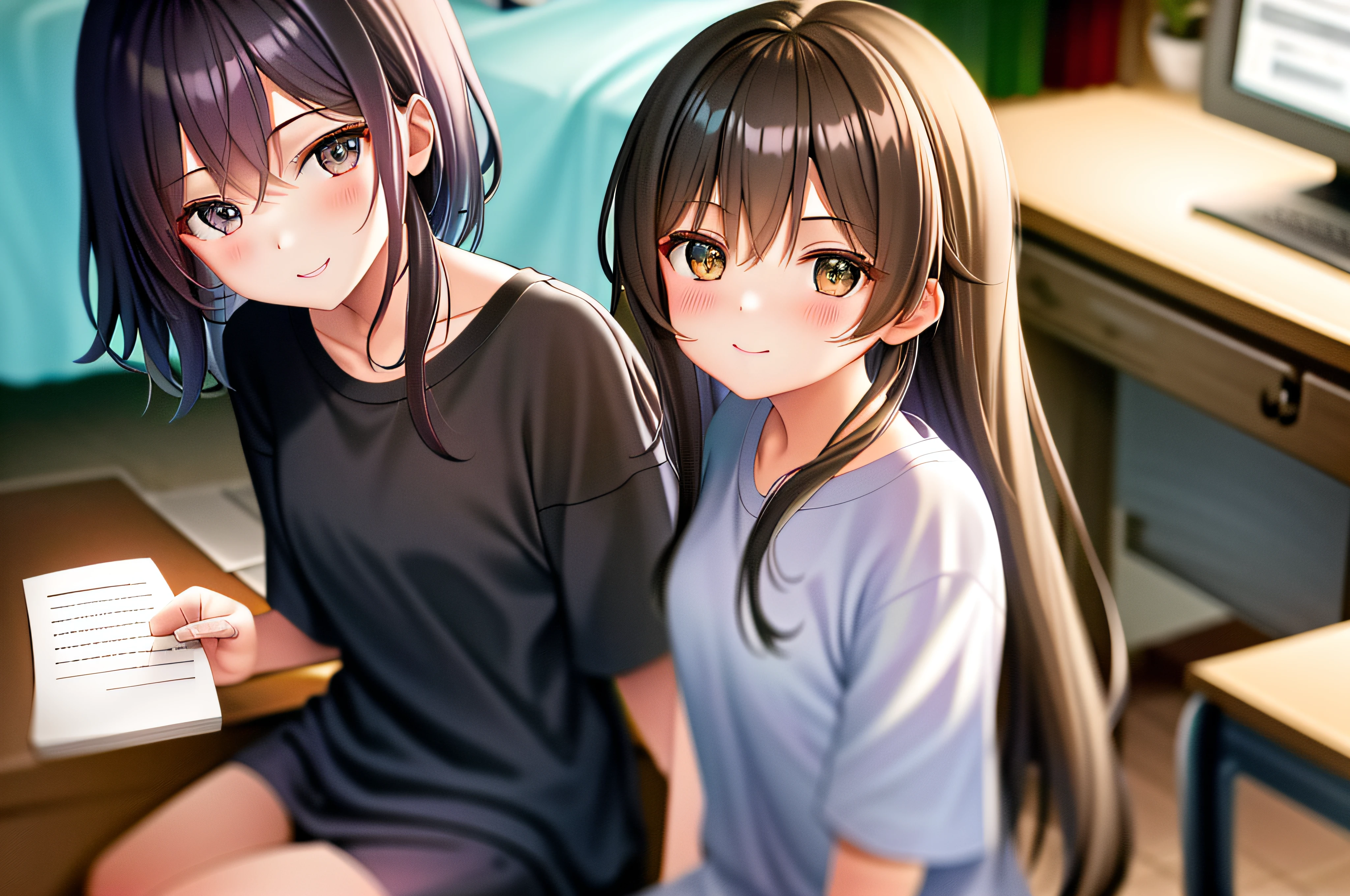 masterpiece、top-quality、hight resolution、1girl in、Loose T-shirt、 Girl sitting on chair and studying at desk、study、paperwork、write、notebook、Beautie、cute little