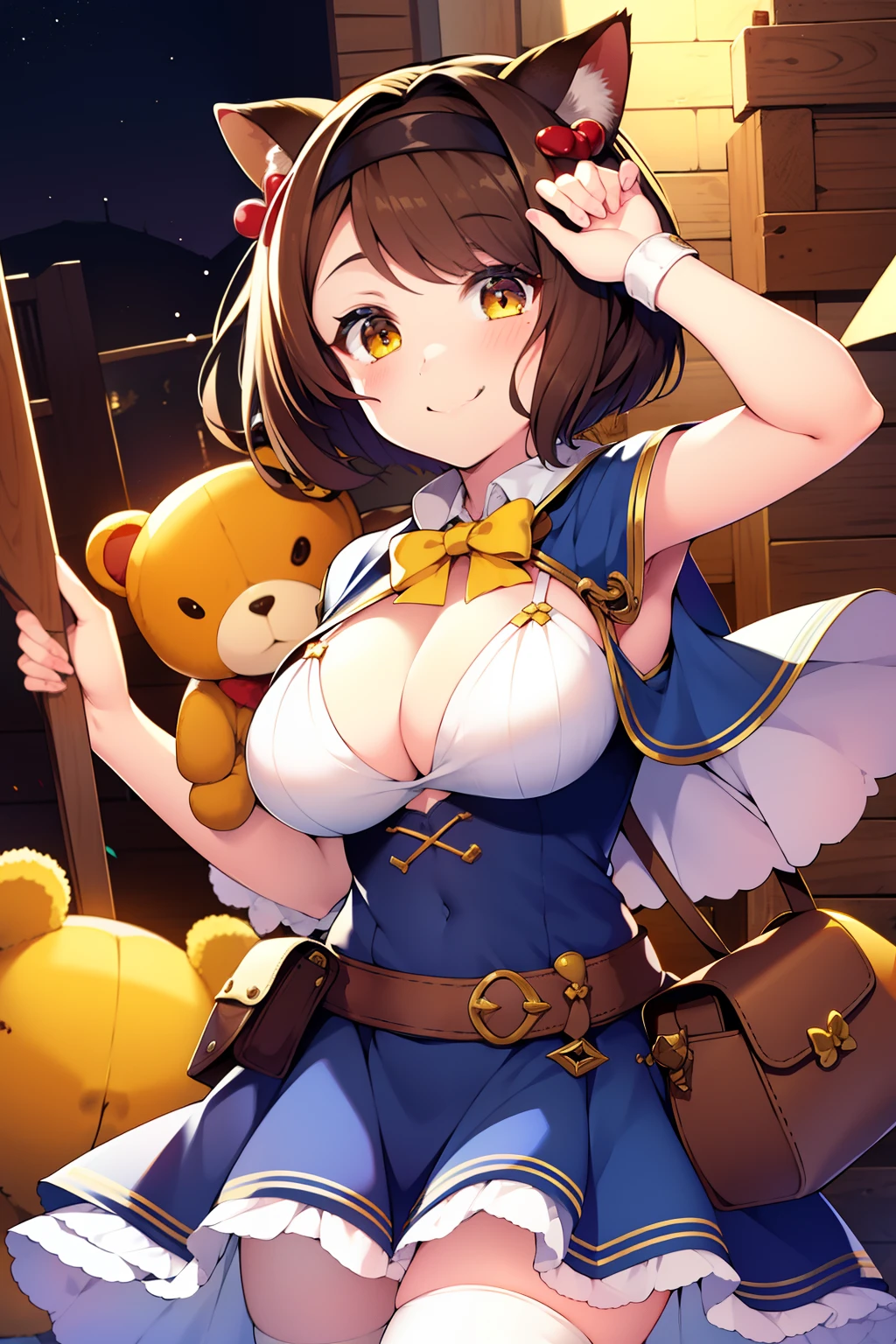 1girl, animal_ears, bag, belt, bow, breasts, brown_hair, cat_ears, child, commentary_request, draph, dress, female_child, goma_(gomasamune), granblue_fantasy, hair_bobbles, hair_bow, hair_ornament, looking_at_viewer, md5_mismatch, oppai_loli, outstretched_arm, shawl, short_hair, smile, solo, stuffed_animal, stuffed_toy, teddy_bear, translation_request, yaia_(granblue_fantasy)