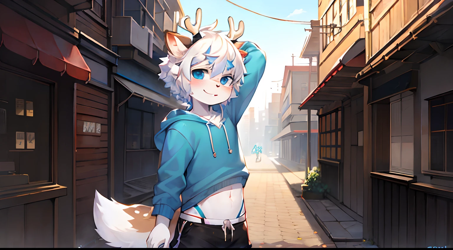 masterpiece, best quality, ultra-detailed, fine details, Solo dance,1boys,anthro,shaggy_Male,fawn_male boy,(white in color_furred),tuft,oiled_skin,short_Hair,blue_Eyes,white_Hair,Shorts,Hoodie, Upper body_Body_Close-up,There are horns on the head, cowbow_Shot,Smile with,Looking_Show on the_peeping at the viewer。 (cozily_Childhood_hides:1.5),城市,Streets,独奏,short sleeve,horizon,BREAK BREAK BREAK,AOEU,AOEU, albino deer, deer antlers out of head, short hair , white hair
