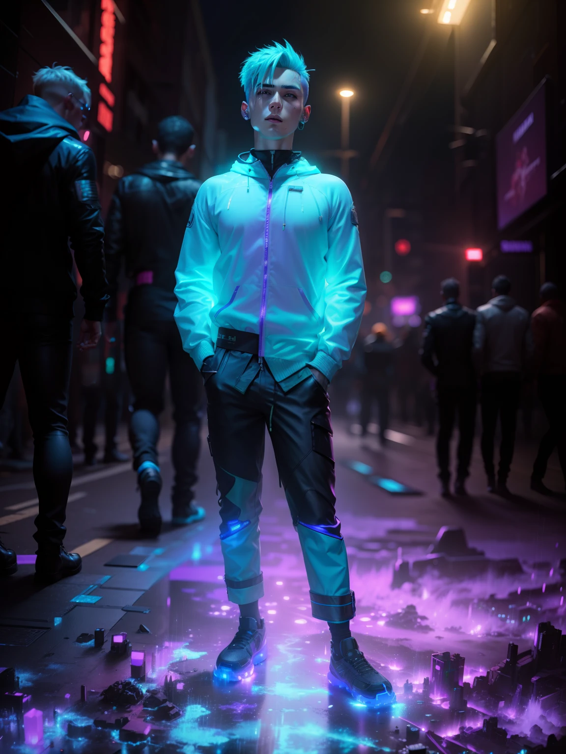 Cyberpunk Tech 8K texture 1boy neon rain hood handsome trousers center bulge abs fluorescent hair (no work on face) --auto