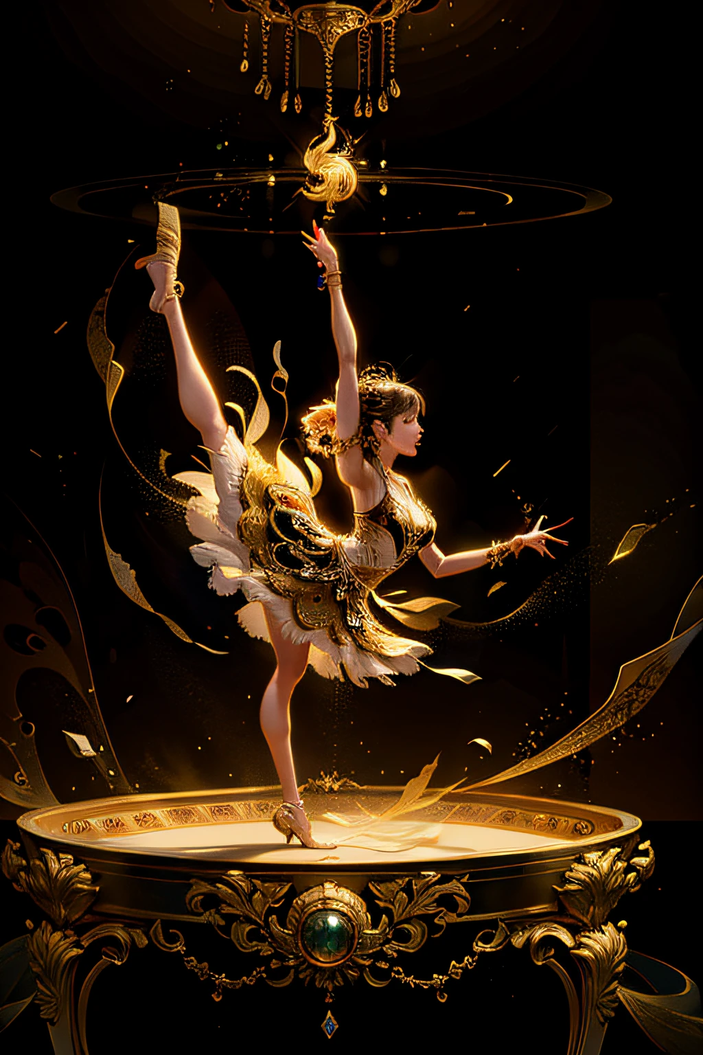 an intricately detailed golden music box, dancing dancer, luz dourada, magic particles, HDR,8k, sobre uma mesa