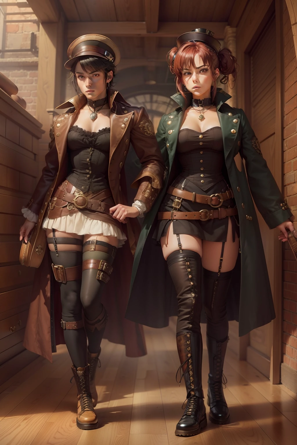 Beautiful full-length young woman, small breasts, anime teen physique, slim teen figure, naked body coat, steampunk details, steampunk elements, steampunk gadgets