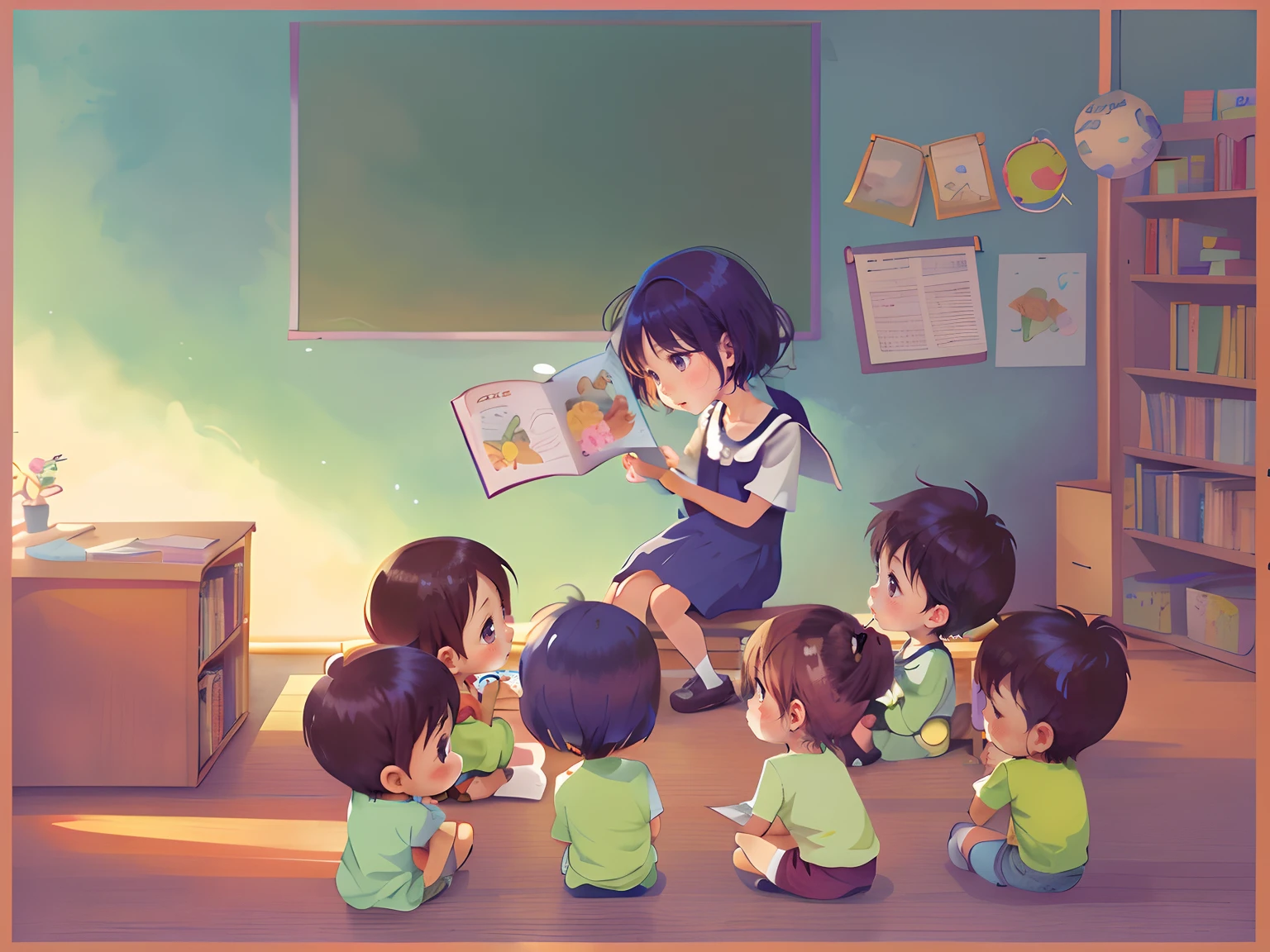 Chibi style, cute style, anime style, there are many children sitting around a teacher reading a book, children book illustration, story book illustration, childrenbook illustration, children's book illustration, children’s book illustration, kids book illustration,