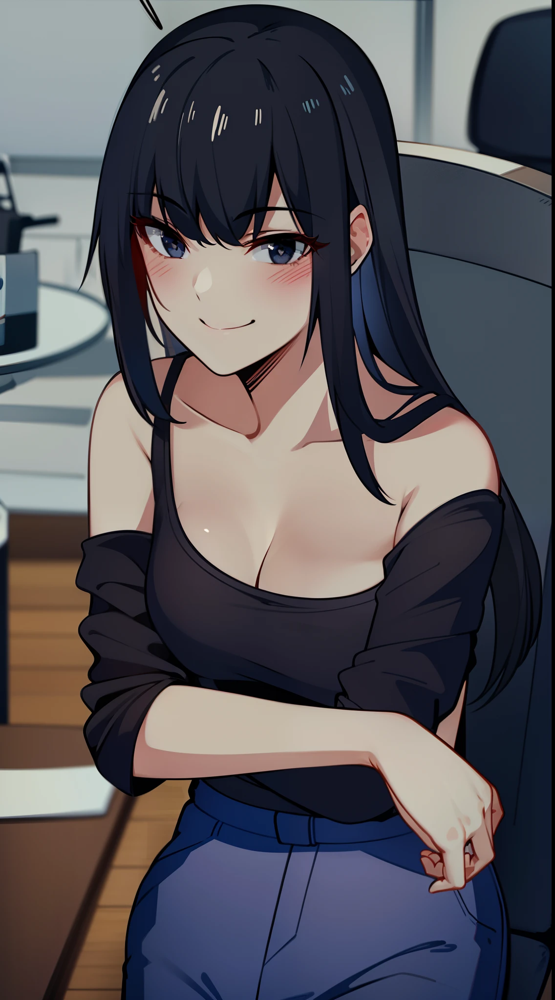 quality, masterpiece, highly detailed, 1girl, solo, dohui baek, blush, black shirt, sitting on chair, smile