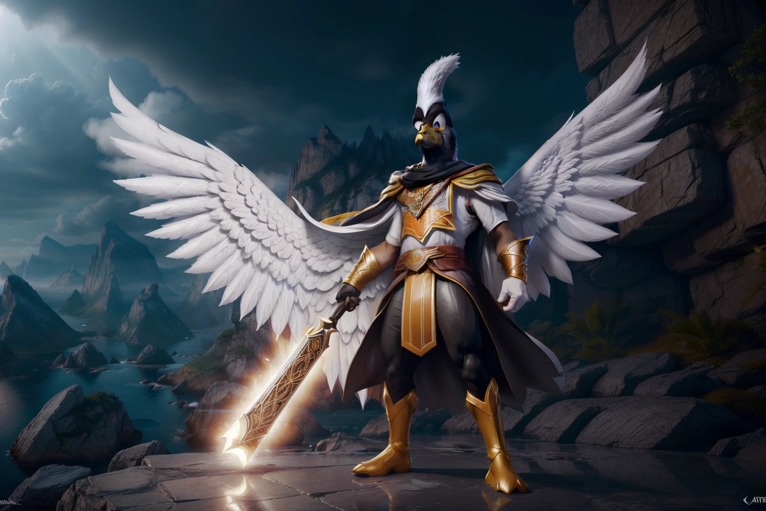 (extremamente detalhado CG unidade 8k papel de parede, master part, melhor qualidade, ultra-detalhado), Alto contraste, Daffy Duck as a mage, white robes and white mage hat, Atmosfera chocante, Dark setting, cinematic feel, white mage hat