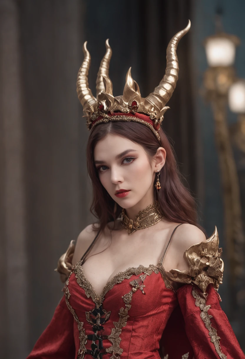top-quality、Beautiful French woman、full body Esbian、Female Demon King、Devil's costume、Fantasia、horns grow on the head、magic castle、