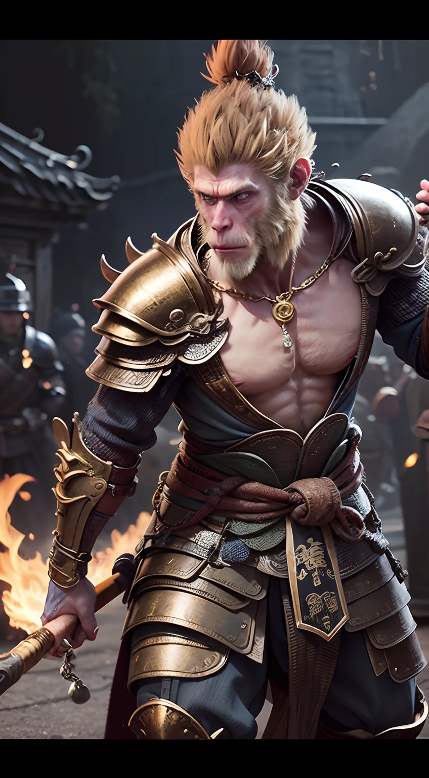 Monkey King's battle suit stands out for its unique design。He wears gold chain mail,The dress consists of countless tiny metal rings,Interlocking,Form strong armor,Protect him from enemy attacks。On the chest of the armor is a golden monkey,This is the sign of the Monkey King,It is also a symbol of his strength and wisdom。He wore a tiger skin skirt around his waist,Rotate the golden hoop rod in your hand,Whirlwind formation,火焰,Fire Eye Golden Eye,Golden eyes,Action strokes,Smooth movements,run,