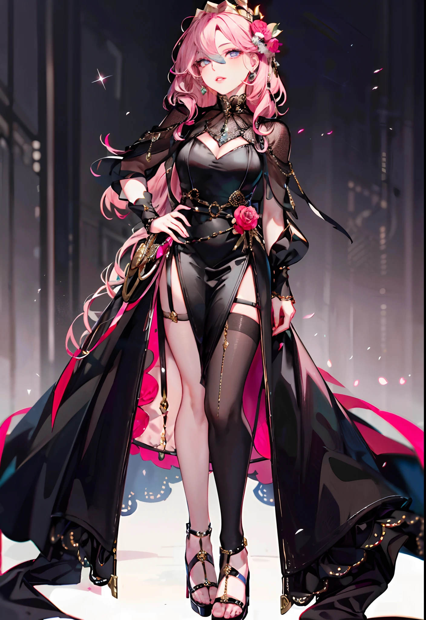 (Complete head:1.9),meticulous portrayal of face,1 noblewoman,a matural female,Black dress long dress,(Black stockings beautiful legs+),heeled sandals,Black stocking feet,Pink White Long Hair,Prom background, Perfect body, s the perfect face, perfect hand, Perfect Finger, Perfect lips, perfect eyes, Perfect background