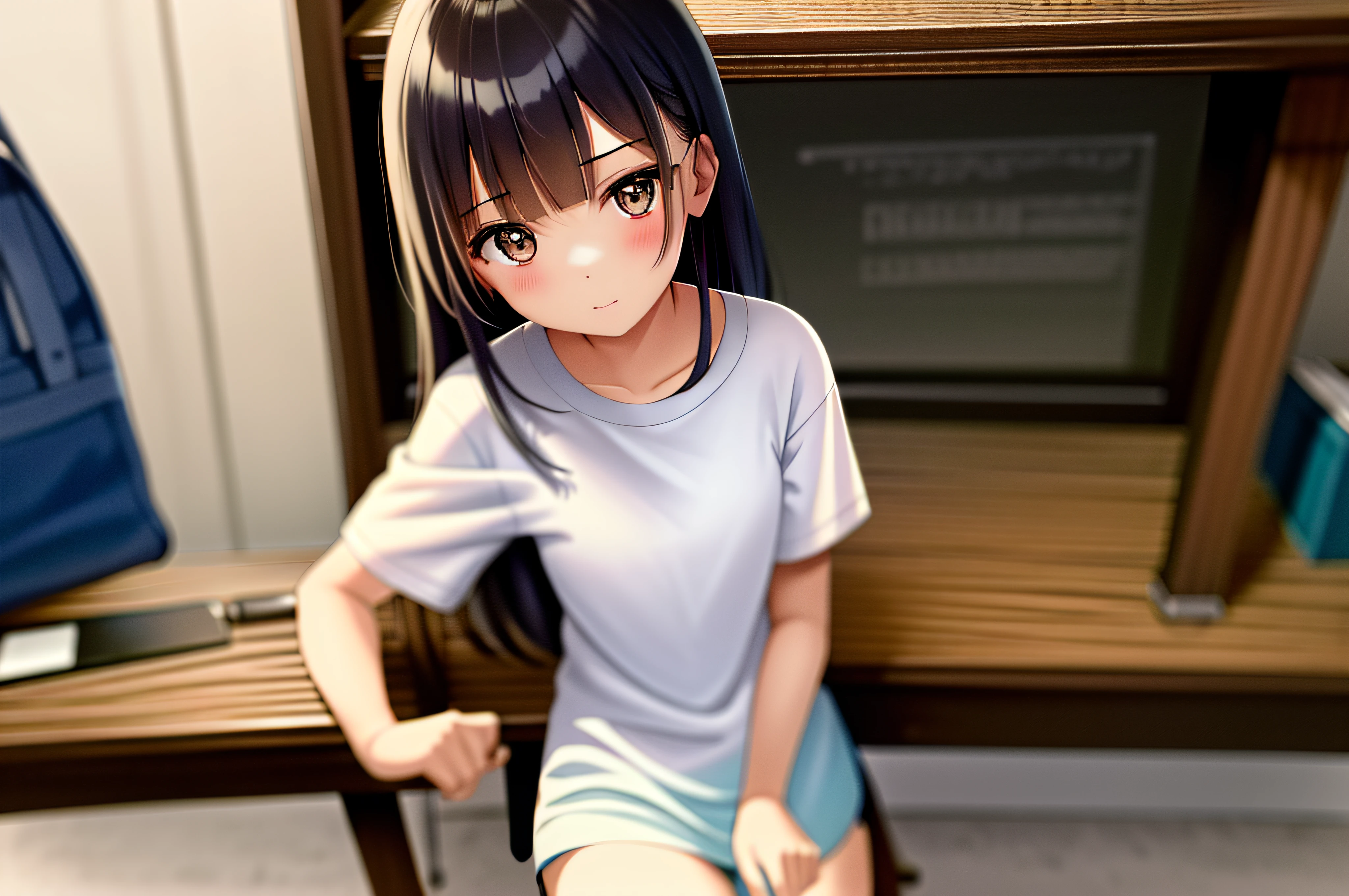 ((1girl)), locker room, There is no one around, evening, Sunset is shining through the window, nsfw, masterpiece, 8k, Girl, Small breasts, , Light, god々Shii, まぶShii, Black Hair ,A very embarrassed face, blush, Changing clothes, In the middle of taking off your pants, Leaning forward, Cleavage, front, Nipples visible from chest,get closer