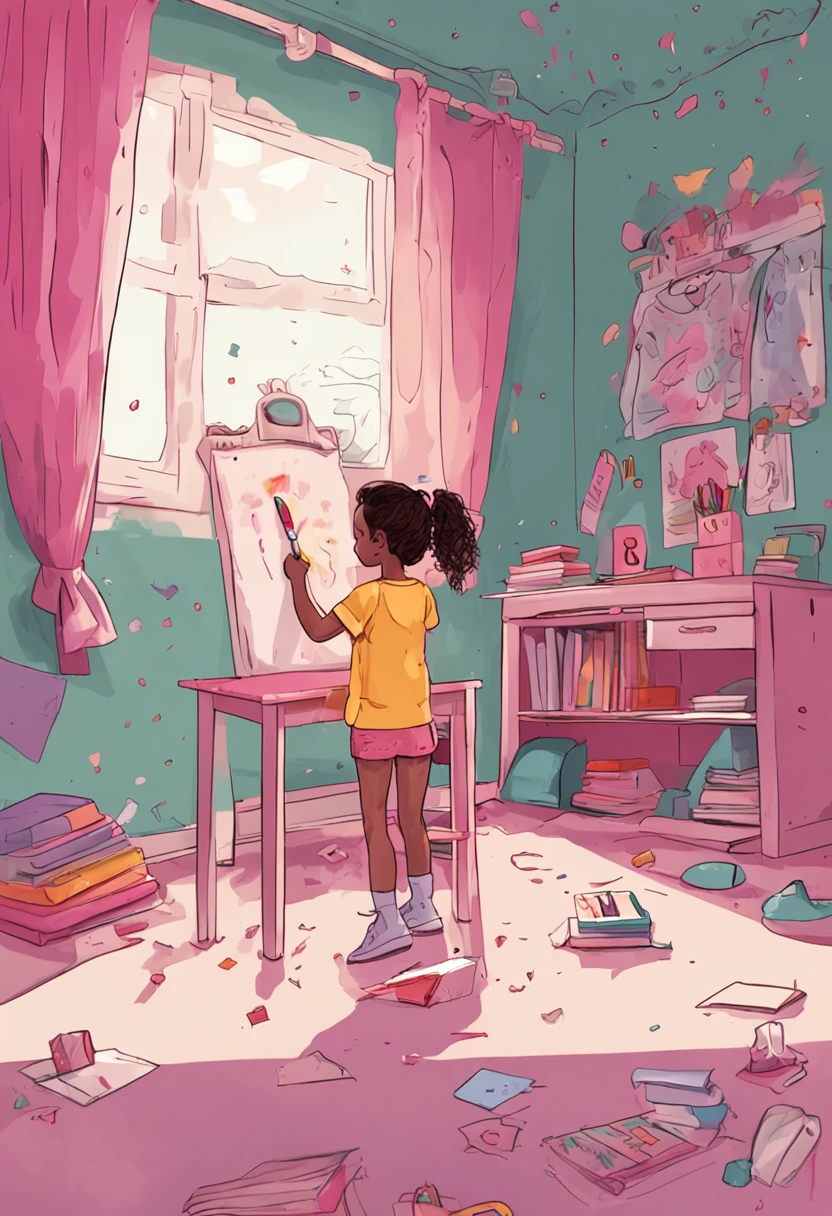 menina com uniforme da escola, menina de cabelo rosado perto da janela do quarto dela. Menina com uniforme da escola, vestida. 7-Year-Old Girl Paints a Unicorn on Sulfite Sheet. Guaches sobre a mesa do quarto. Unicorn being painted on sheet of paper. Girl with brush in hand. Girl paints a unicorn. Room window with unicorn. Unicorn looks at the girl [best description] [ultradetalhado]
