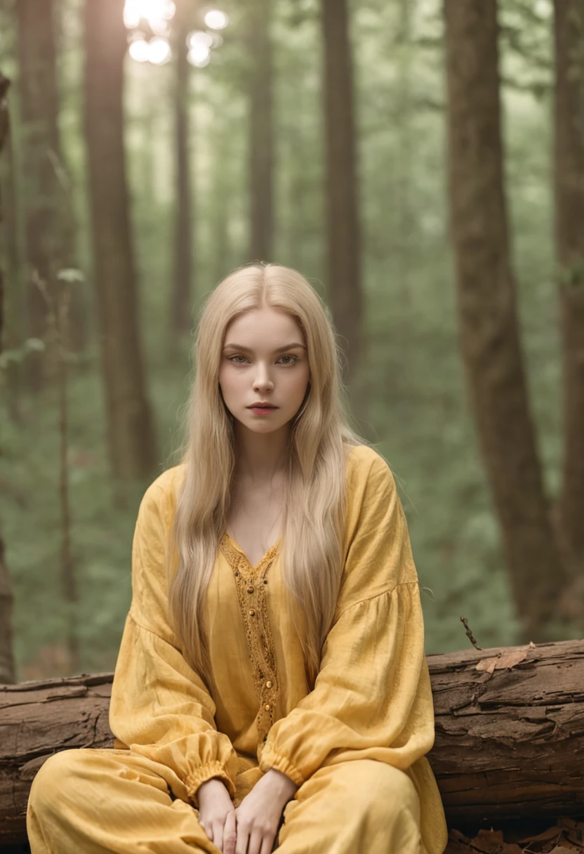 Photograph of a beautiful girl in her 20s in plain pajamas in yellow fabric with long, rich yellow hair sitting on a log in a misty forest, Light green eyes, Symmetrical faces, cute little, Without makeup, Unadorned, film grain, Dreamy photos, Concept photo, Emotional photography, Film Photography, photograph realistic, realisitic, Sharp focus, 14K, highly detaild, CG Society