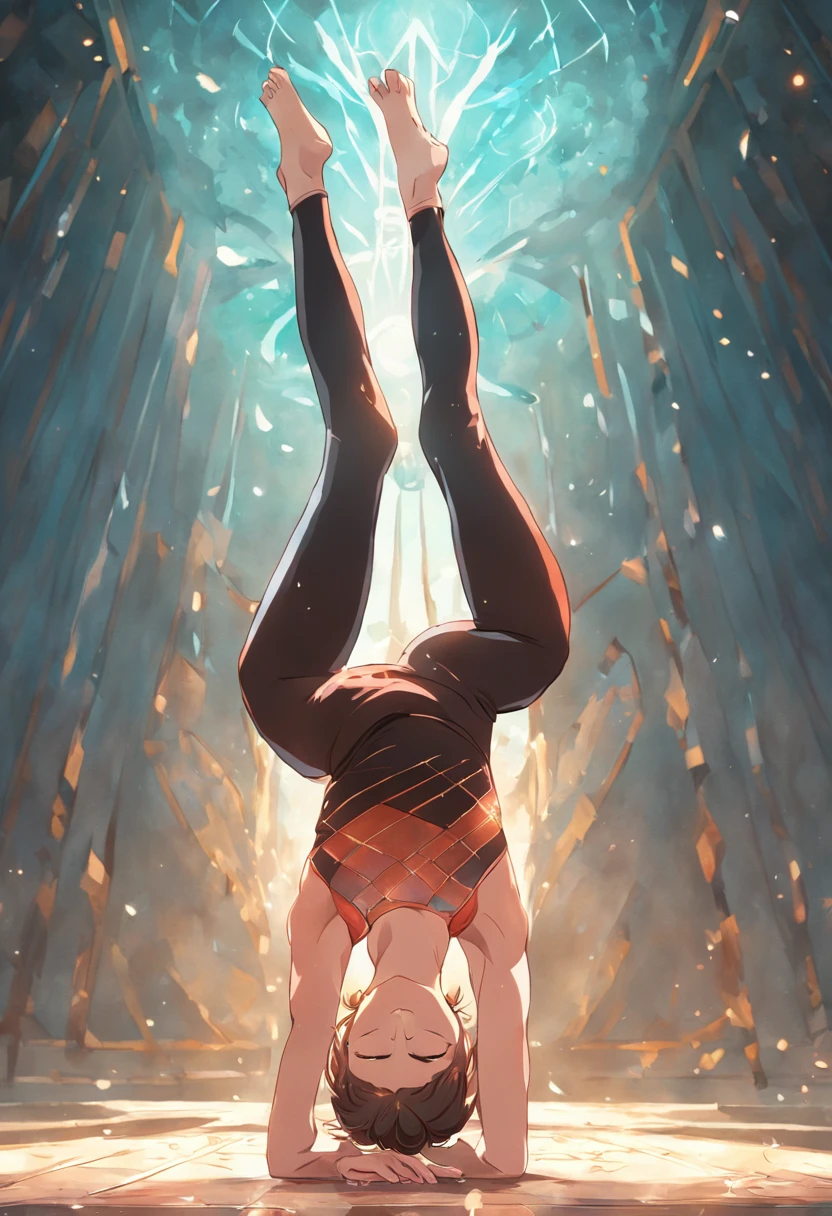 Glass Interdimensional Synthesis artwork of a woman in yoga pose: Supported Headstand with Eagle Legs and Arm Balance (Salamba Sirsasana Variation)