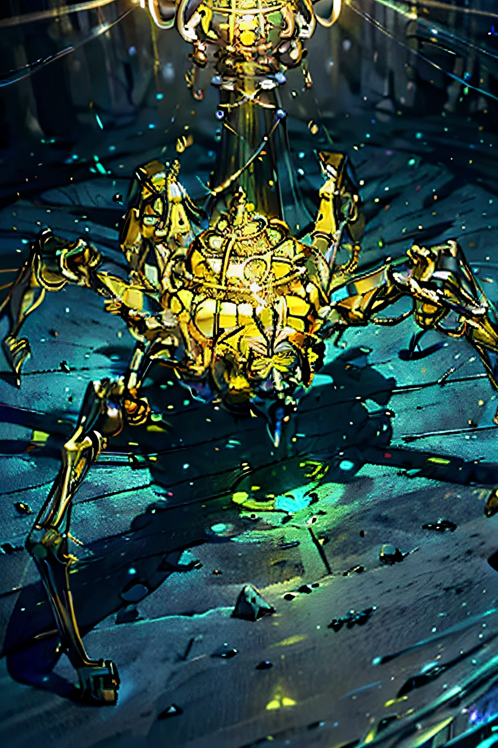 Imagine uma aranha monstruosa feita inteiramente de fluorita, with a massive and robust body, banhado em tons vibrantes de amarelo dourado. Every detail of the spider is carefully carved in yellow fluorite, creating a majestic and imposing appearance. Seus olhos brilham intensamente em um amarelo radiante, casting a flickering light on everything that crosses his path. As the spider moves, its presence is marked by a trail of yellow glow, enveloping the environment in an almost magical aura.