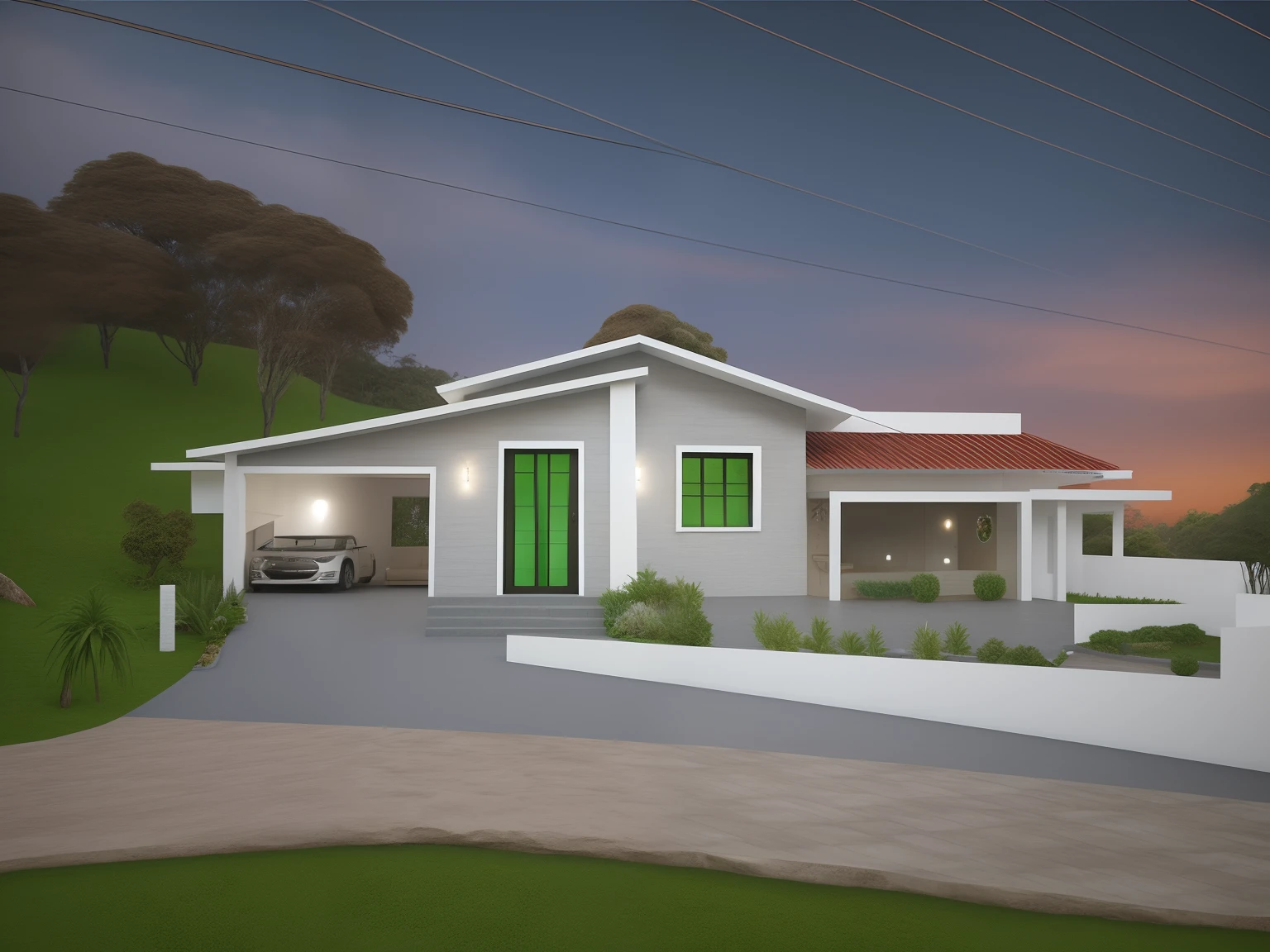 There is a small white house with a red roof and a green door, em um terreno arborizado com campo gramado, Lumion Pro Rendering, Directed by: CeFerí Olivé,Vista exterior, gramado muito verde em frente, Damasco completo, vista externa, imagem de listagem, imagem frontal, headpe, Casa moderna, Estilo colonial, Directed by: Willian Murai,Location of the forest, vista frontal, imagem central, vista frontal, casa no fundo, Front view