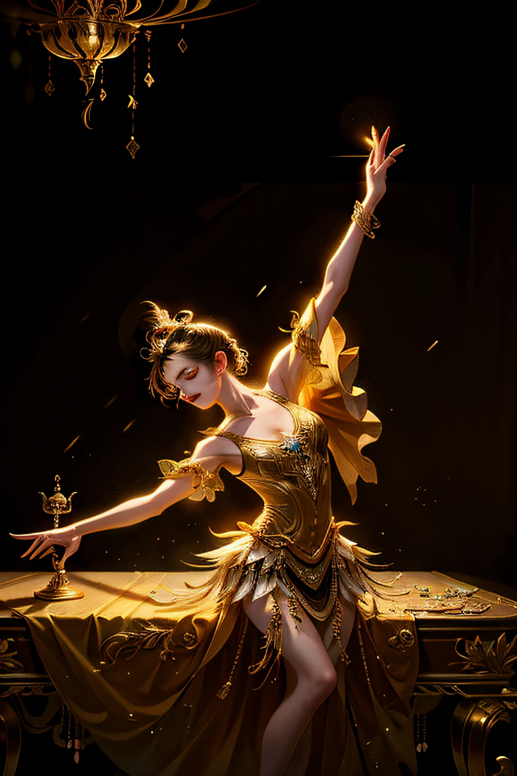 an intricately detailed golden music box, dancing ballerina, golden light, magic particles, hdr,8k, on a table