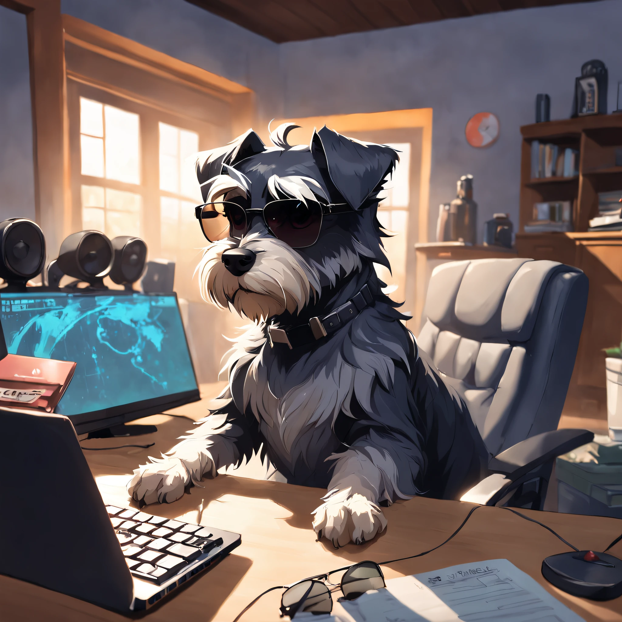 master part, um schnauzer, estilo matricial, casaco Preto, digitando num teclado, sentado em uma cadeira na frente do PC, sun glasses, Dynamic angle, best quality, 4k,
