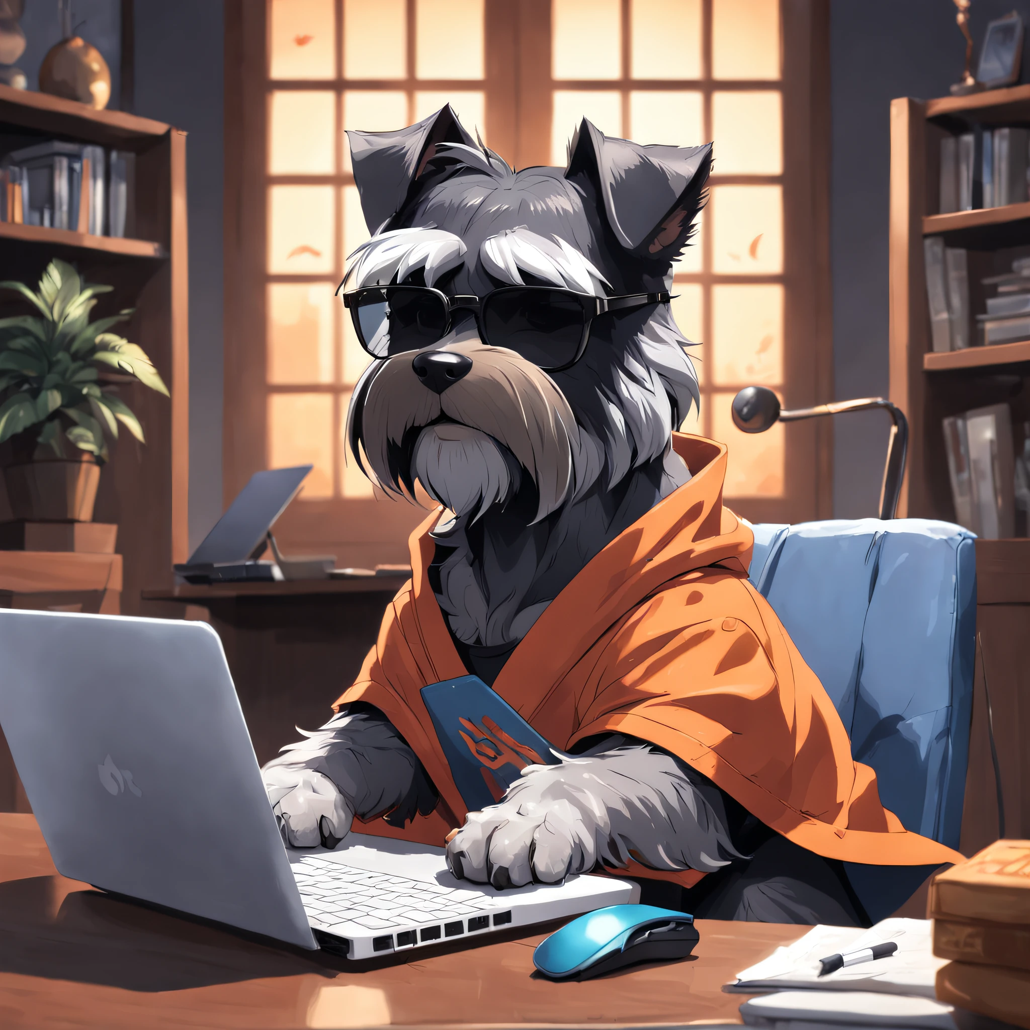 master part, um schnauzer, estilo matricial, casaco Preto, digitando num teclado, sentado em uma cadeira na frente do PC, sun glasses, Dynamic angle, best quality, 4k,