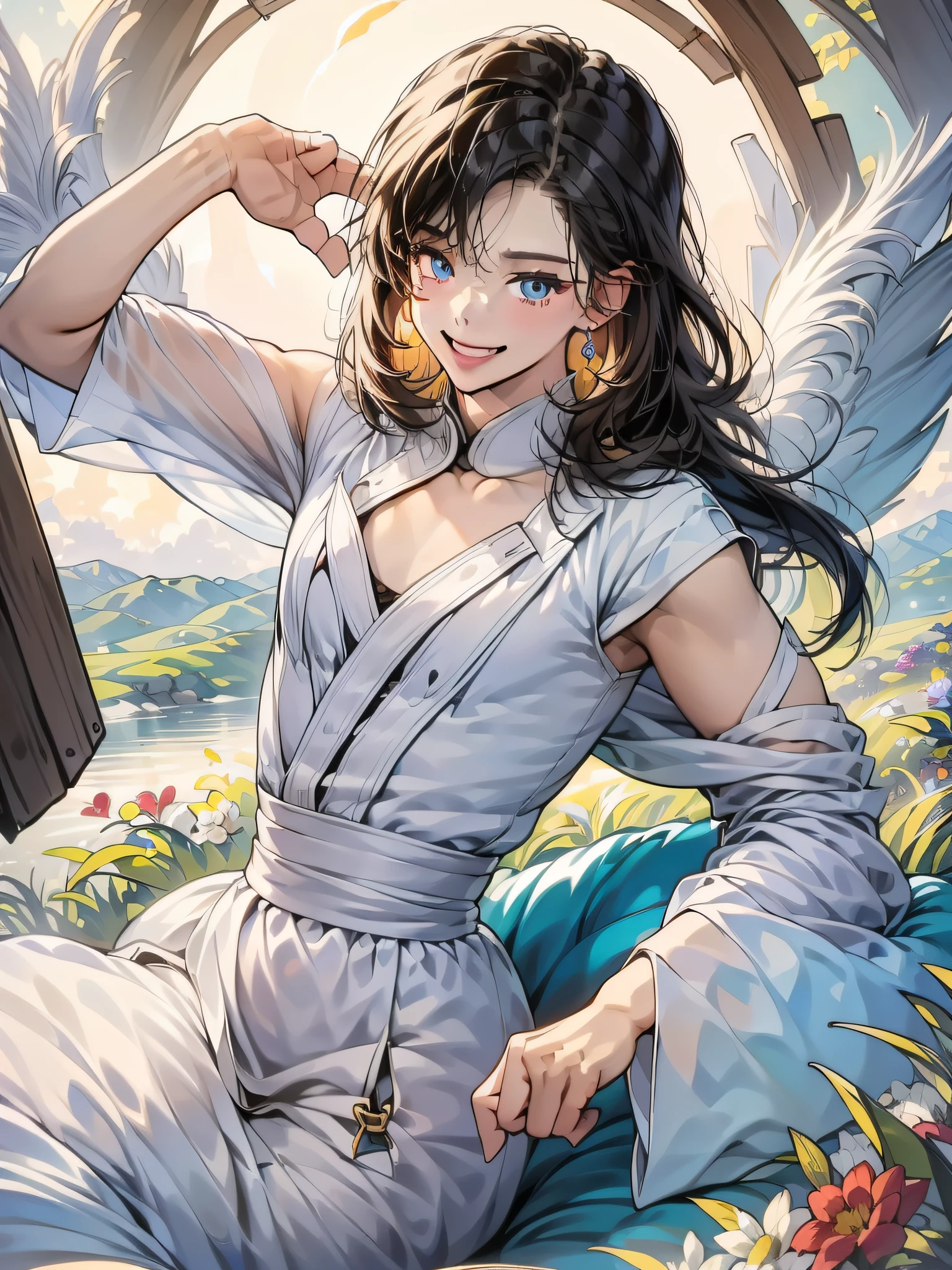 (in 8K、top-quality、masterpiece:1.2)、1人の女性、(Smiling smile:1.1)、beautidful eyes、Valley、The upper part of the body、length hair、Like a boy、poneyTail、Yellow view、
