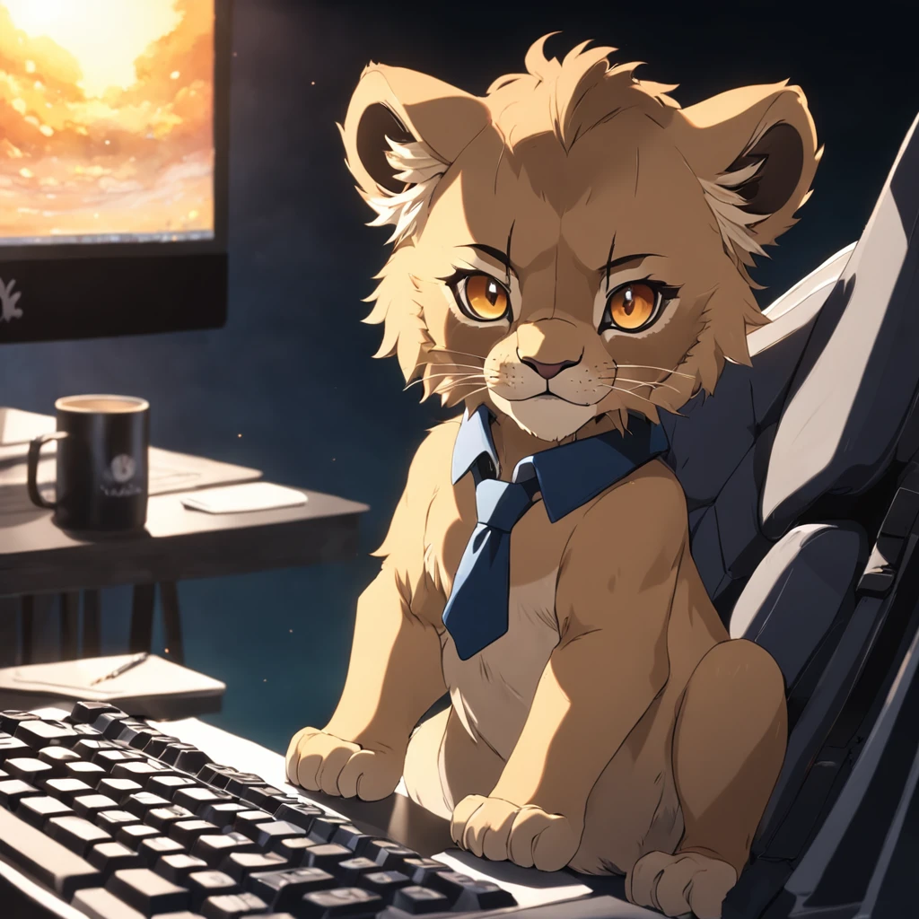 master part, A lion cub, estilo matricial, casaco Preto, digitando num teclado, sentado em uma cadeira na frente do PC, sun glasses, Dynamic angle, melhor qualidade, 4k,