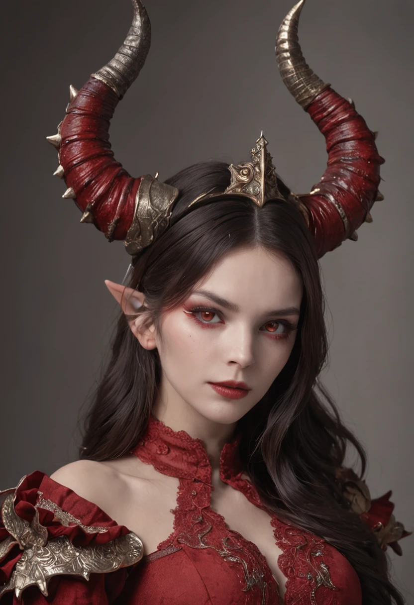 qualidade superior、mulher russa bonita、｛｛｛The whole body is shown｝｝｝、Rei Diabo Feminino、Diabo feminino、olhos vermelhos、demon armor、Devil's Bikini Armor、fantasia、horns grow on the head、Castelo escuro、Grande fundo, melhore a qualidade do rosto