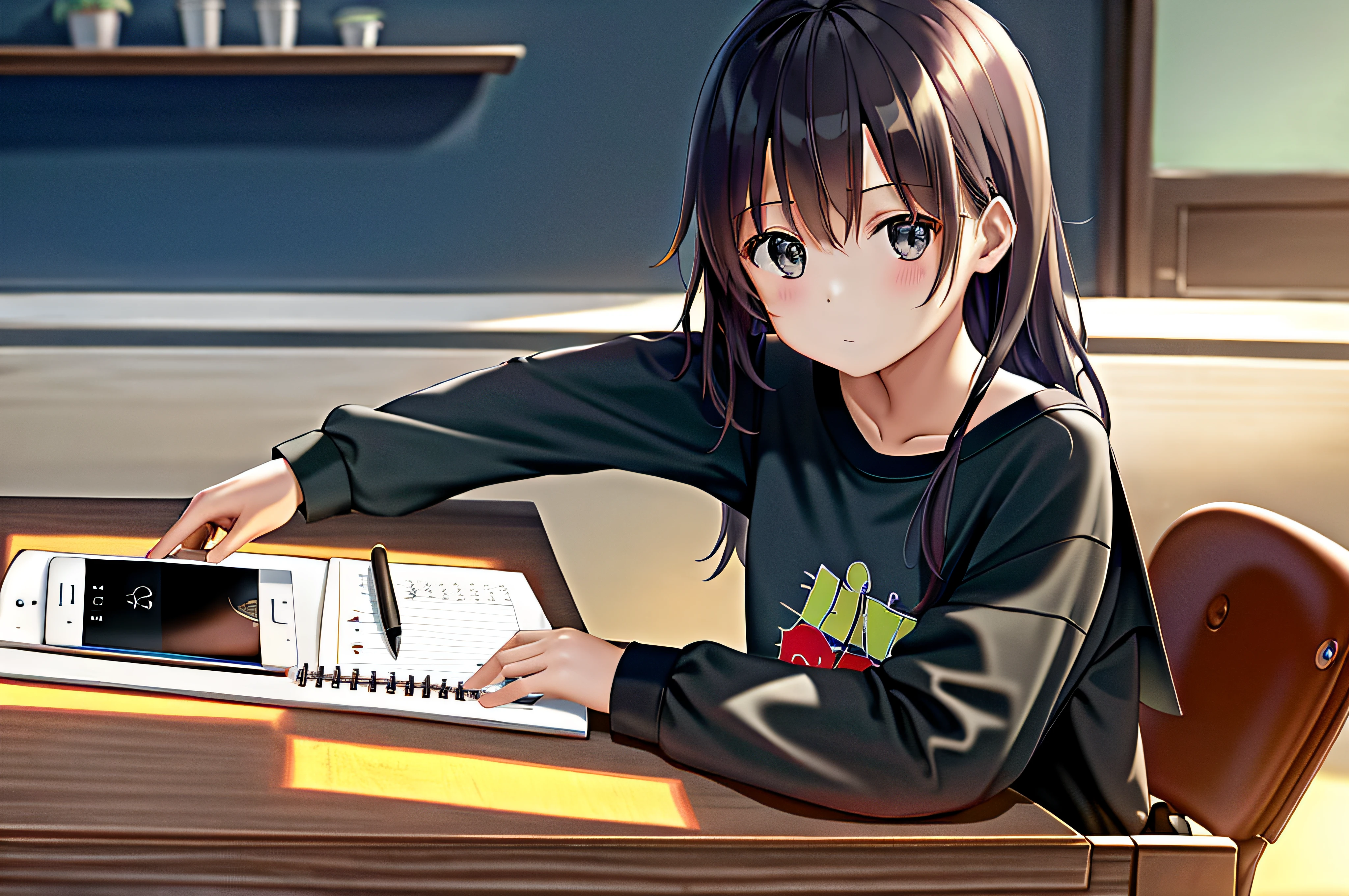 ​masterpiece、top-quality、hight resolution、girl with、soio、hi-school girl、Loose T-shirt、Girl sitting on chair and studying at desk、sketching、study、notebook、cute little、Smartphone、Touch your phone、View your phone、Inability to concentrate、Distracting、Distracted、