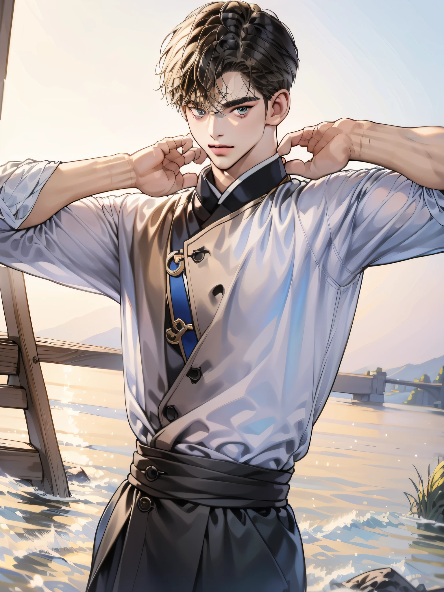 (in 8K、top-quality、​masterpiece:1.2)、1 boy、short-haired、Hair short、Brown-skinned、Gold View、
