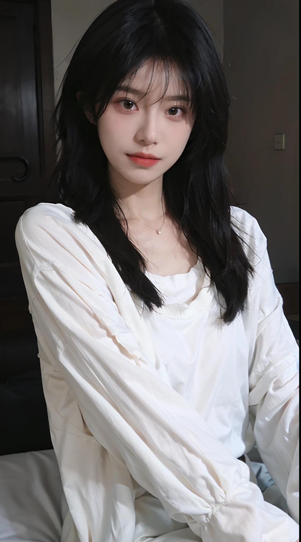 best qualityer,Masterpiece level,超高分辨率(Fidelity1.4),Authentic photo style,Uma personagem feminina,white color hair,Shiny skin,Dramatic lighting(Fantastical),Vampire theme,Dressed with flared pants、Earrings and white dress,Wearing glasses。
