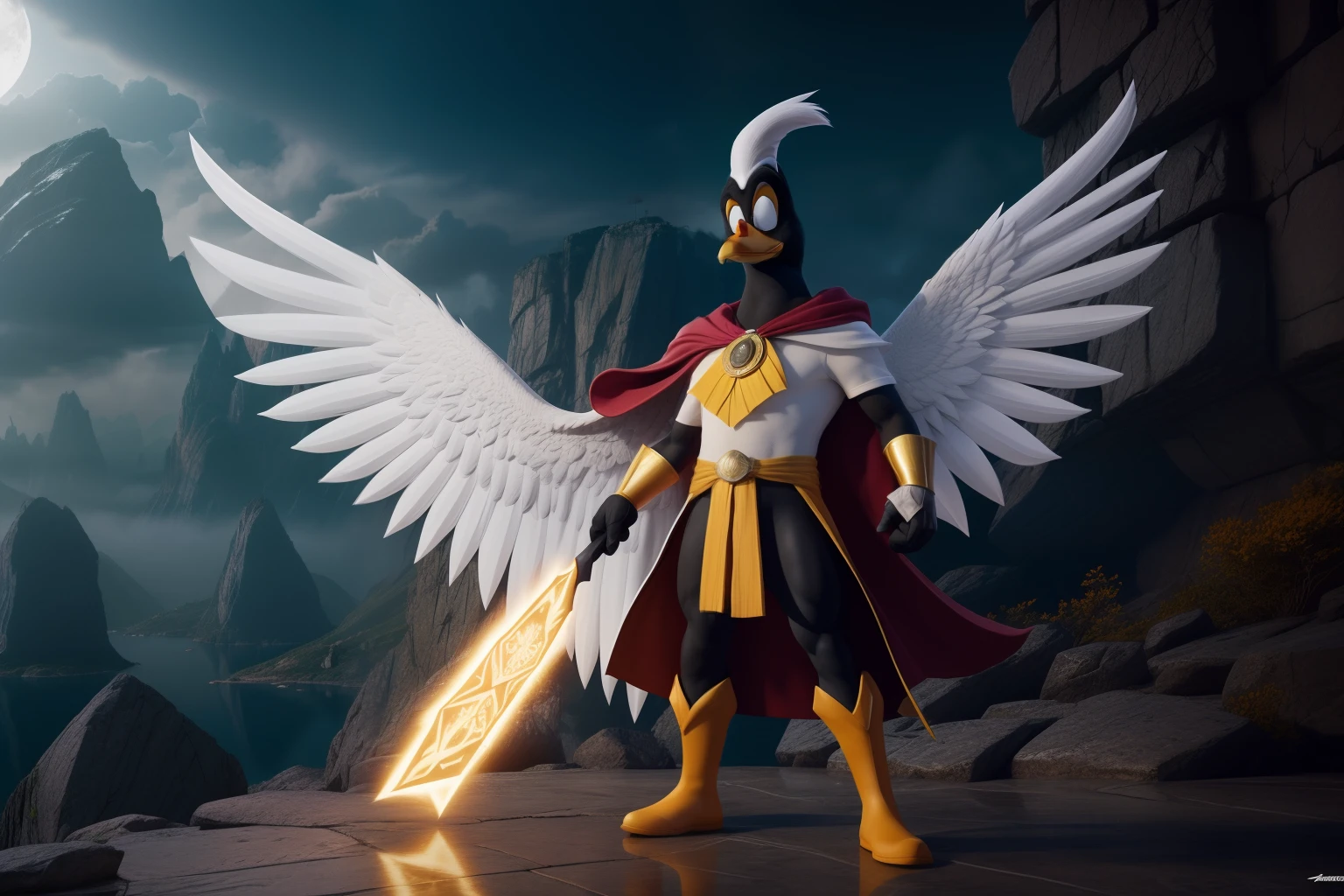 (extremamente detalhado CG unidade 8k papel de parede, master part, melhor qualidade, ultra-detalhado), Alto contraste, Daffy Duck as a mage, white robes and white mage hat, Atmosfera chocante, Dark setting, cinematic feel, white mage hat
